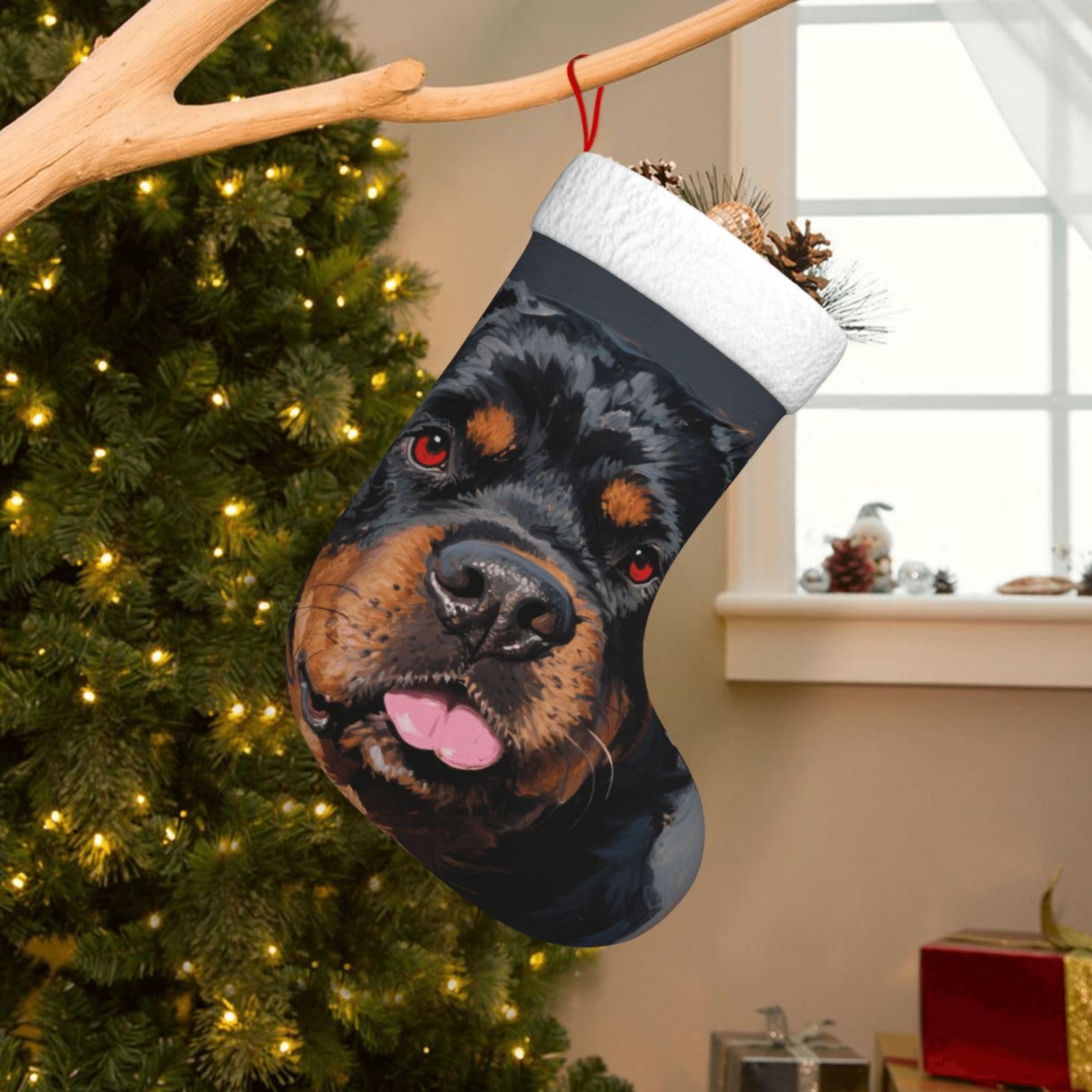 Velvet Christmas Stockings 17.7 Inch, Cool Rottweiler Dog Art Xmas Stocking with Soft Cuff,Classic Personalized Christmas Tree Decoration for Family Holiday New Year Party Supplies