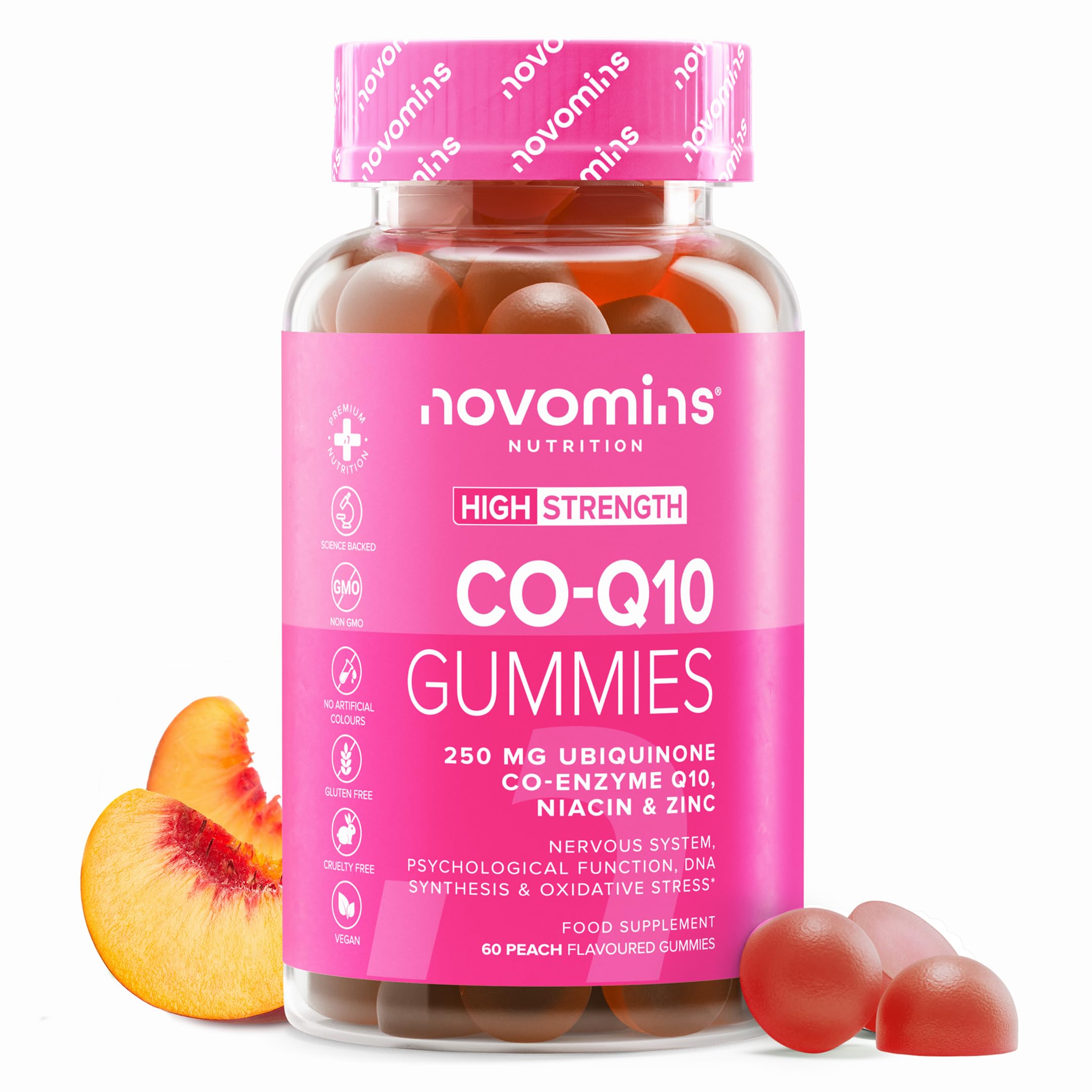 Coenzyme Q10 Gummies – 250 mg de CoQ10 + Niacine & Zinc – Énergie, Moins de Fatigue & Système Nerveux – Végan, Sans Gluten – Goût Orange – 60 Gummies – Novomins