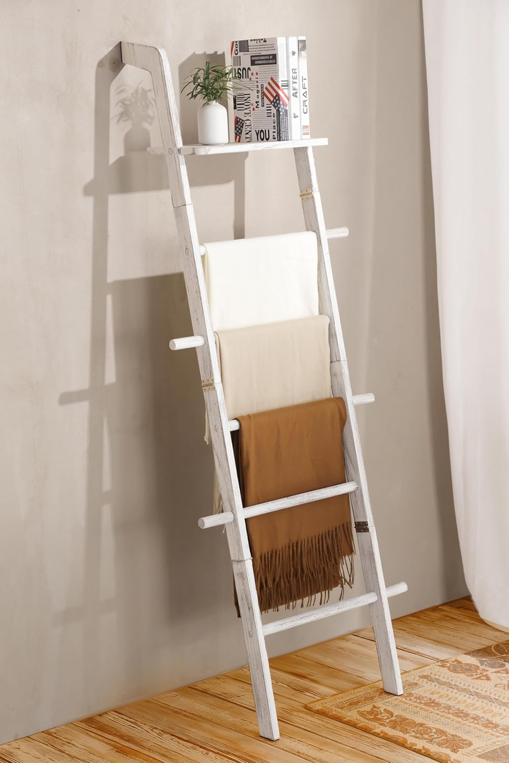 ZUNTO Blanket Ladder with Top Shelf for The Living Room - 67in Decorative Wooden Blanket Holder, 5 Tier with Side Hooks for Hanging - Rustic Farmhouse Towel Throw Ladder Rack for Organize and Display