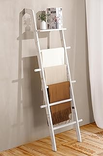 Wash White Wood Blanket Ladder with Top Shelf for the Living Room, 67in Decorative Blanket Holder, 5 Tier with Side Hooks for Hanging, Rustic Farmhouse Towel Throw Ladder Rack for Organize and Display