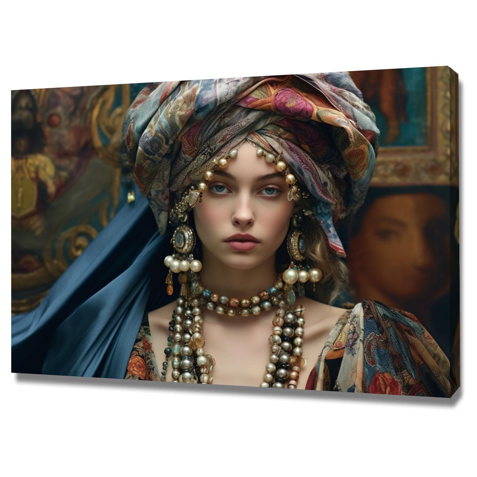TERUEA Abstract Girl Painting Prints Woman Canvas Pictures Woman With Multicolor Turban And Layered Pearl Necklaces Retro Painting Bathroom Wall Decor,(Blue)-60x90cm Framed