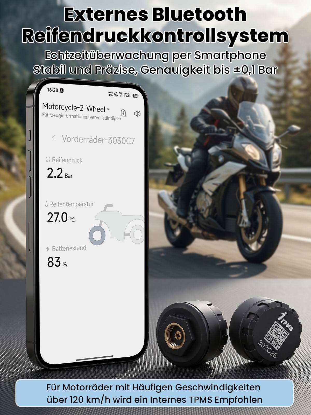 Reifendruckkontrollsystem TPMS Motorrad Auto Drahtlose Reifendrucksensoren mit App Echtzeit Druck Temperatur Alarmfunktion für iOS Android PKW SUV LKW Wohnmobil Universell Ventil Sensor Set