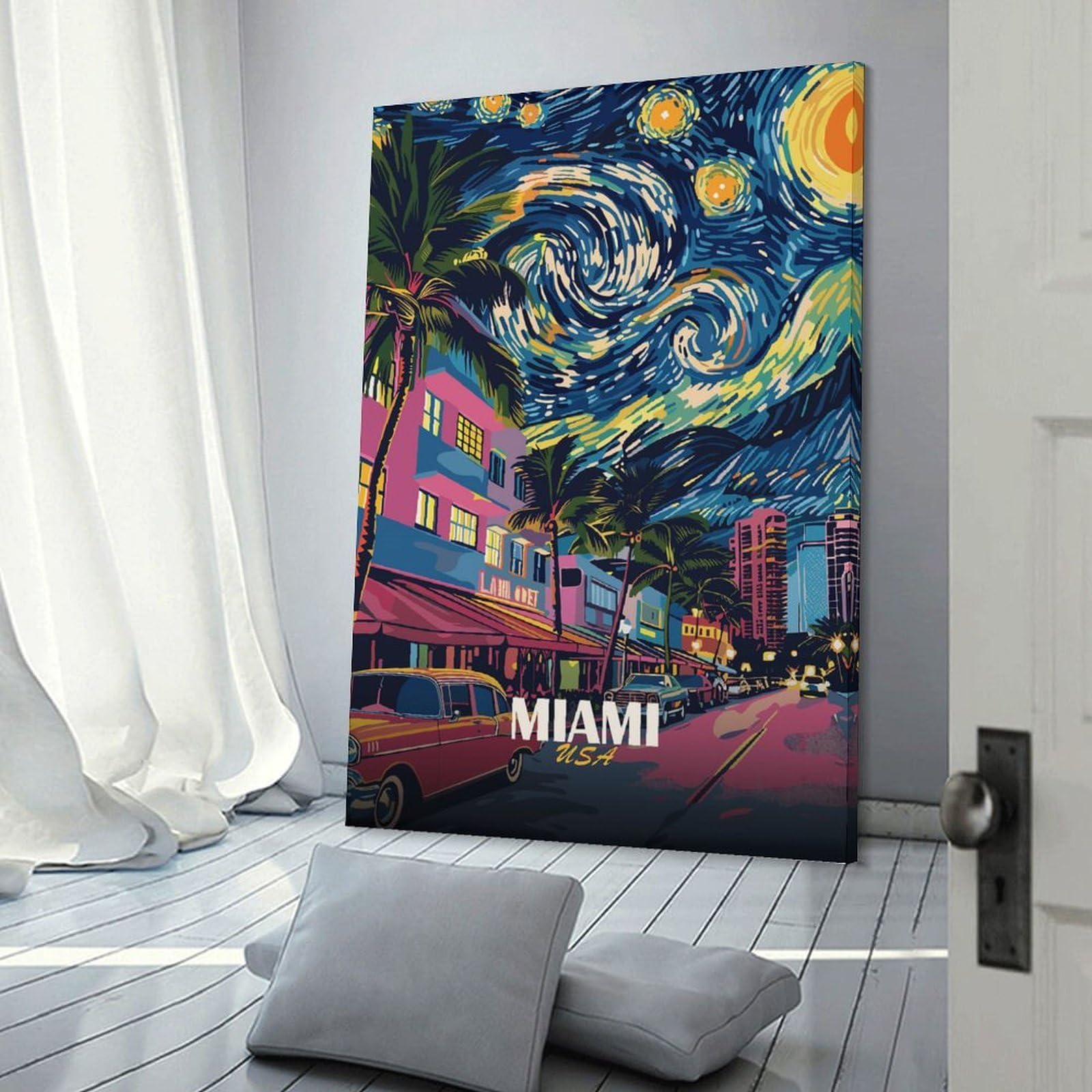 Junmoney Decorative Wall Artwork Miami USA Starry Night Art, 20x30inch(50x75cm), for Home, Office, Studio Or Guest Room, A Flexible Wall Accent for Shared Spaces