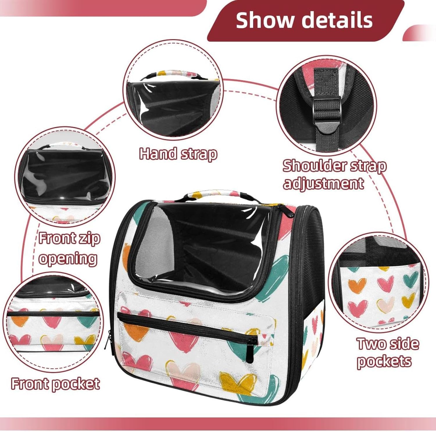 Portable Travel pet Backpack Carrier Hamster Bag Small Dog cat Carrier Breathable Hang Bag, Hearts (16)
