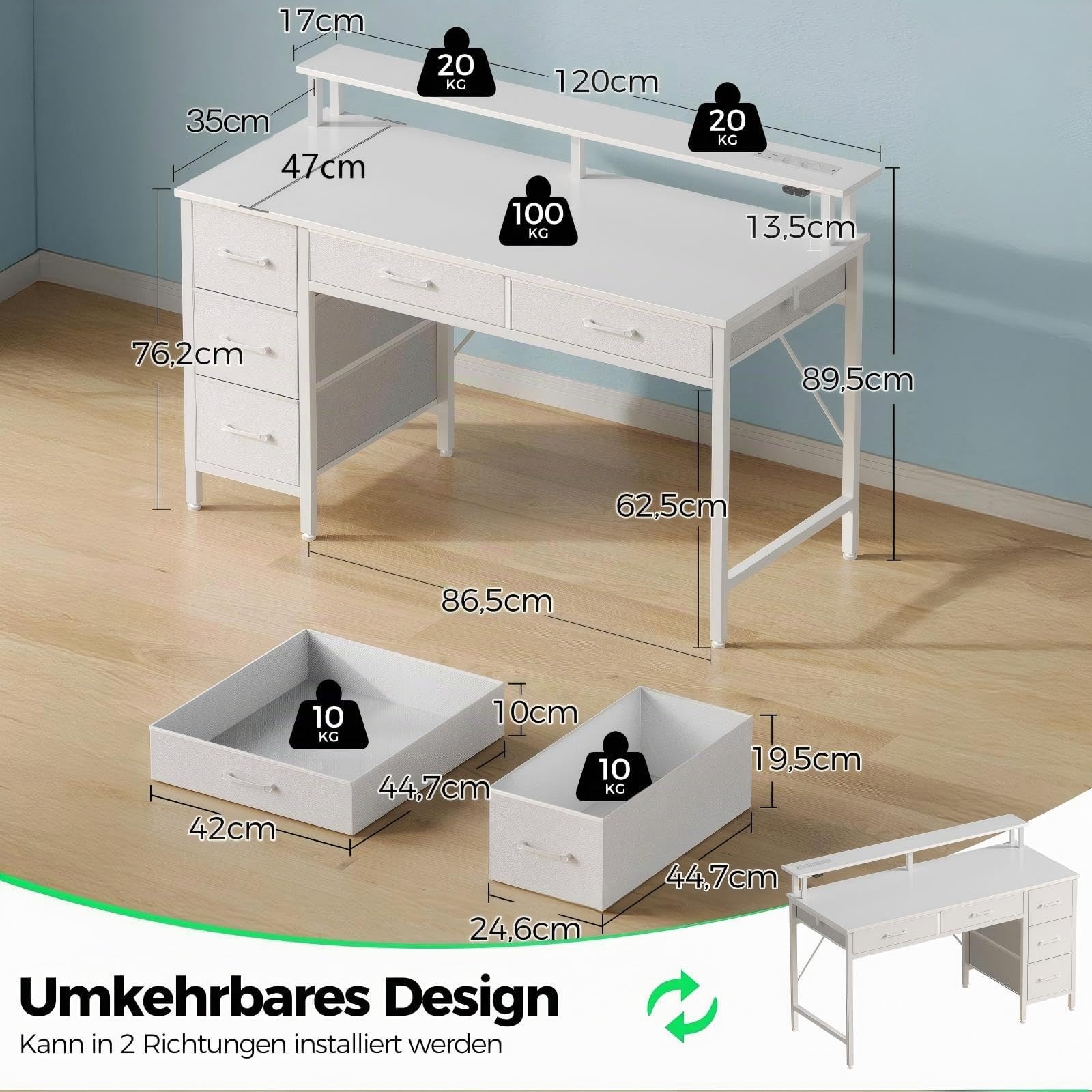 Seventable Computertisch mit Steckdosen & LED-Beleuchtung, 120cm Gaming Schreibtisch mit 5 Schubladen, Gaming Tisch mit Monitorständer, fürs Büro, Arbeitszimmer, Schlafzimmer, Wohnzimmer, Weiß