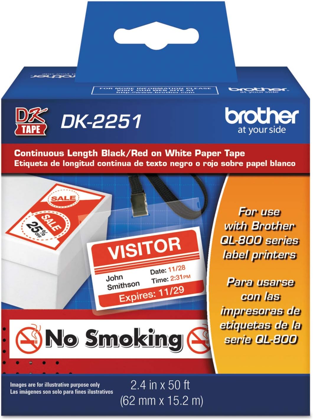 Brother DK2251 Label Tape Roll, Continuous Length, 2-2/5-Inch W x 50 ft L, Multi