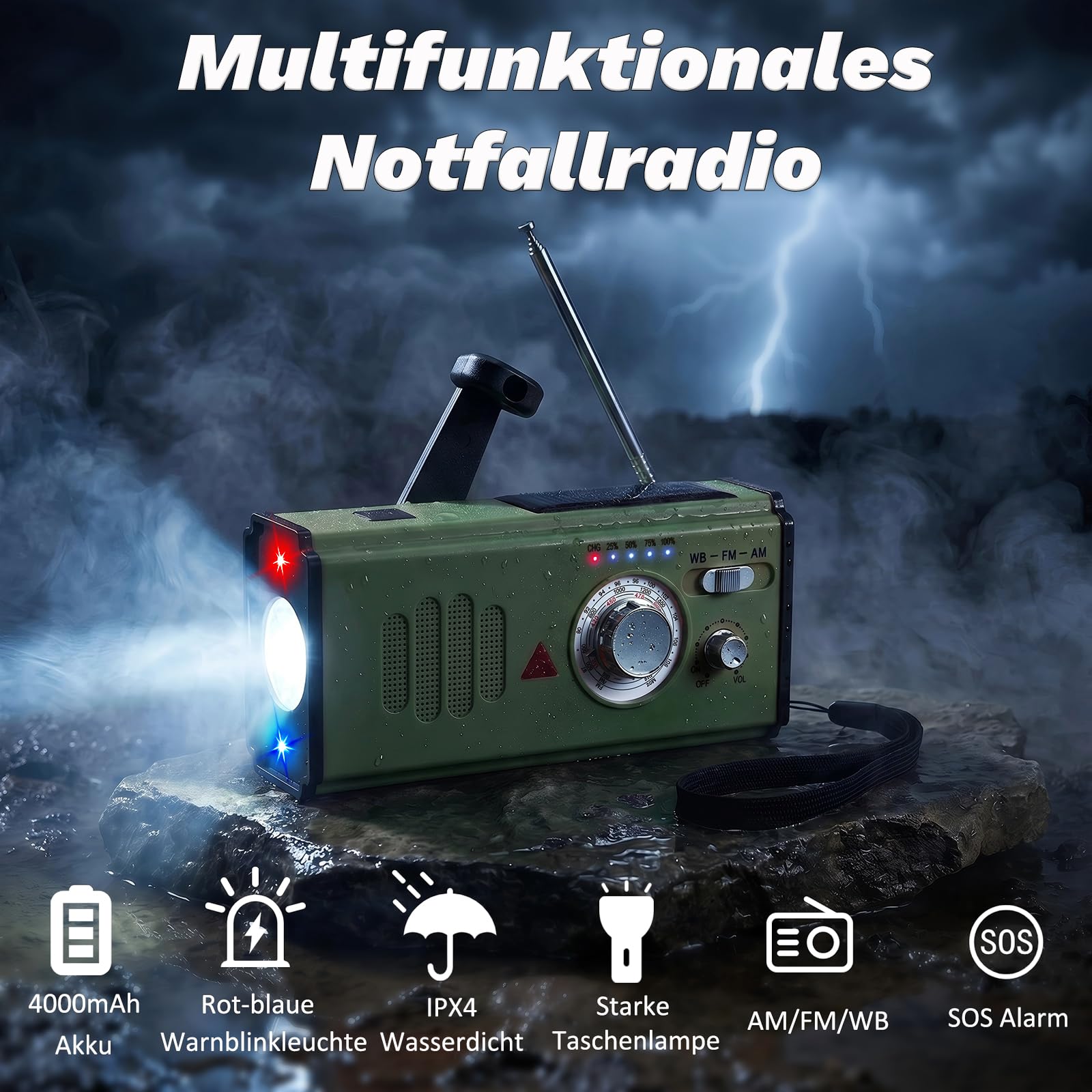 Notfallradio mit Kurbel, 4000mAh Powerbank Batterieradio, AM/FM/WB Weltempfaenger Kurbelradio mit Handyladefunktion, SOS-Alarm und LED-Taschenlampe, Notfallpaket Stromausfall Fuer Camping