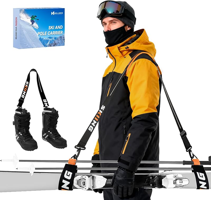 Mellbree Ski Strap, Skis and Poles Carrier for Easy Transportation of Your Clipstick Skiing Accessory/Pole/Skimate/Boot, Skier Gift Adjustable Size Comfortable Walking to and From the Mountain