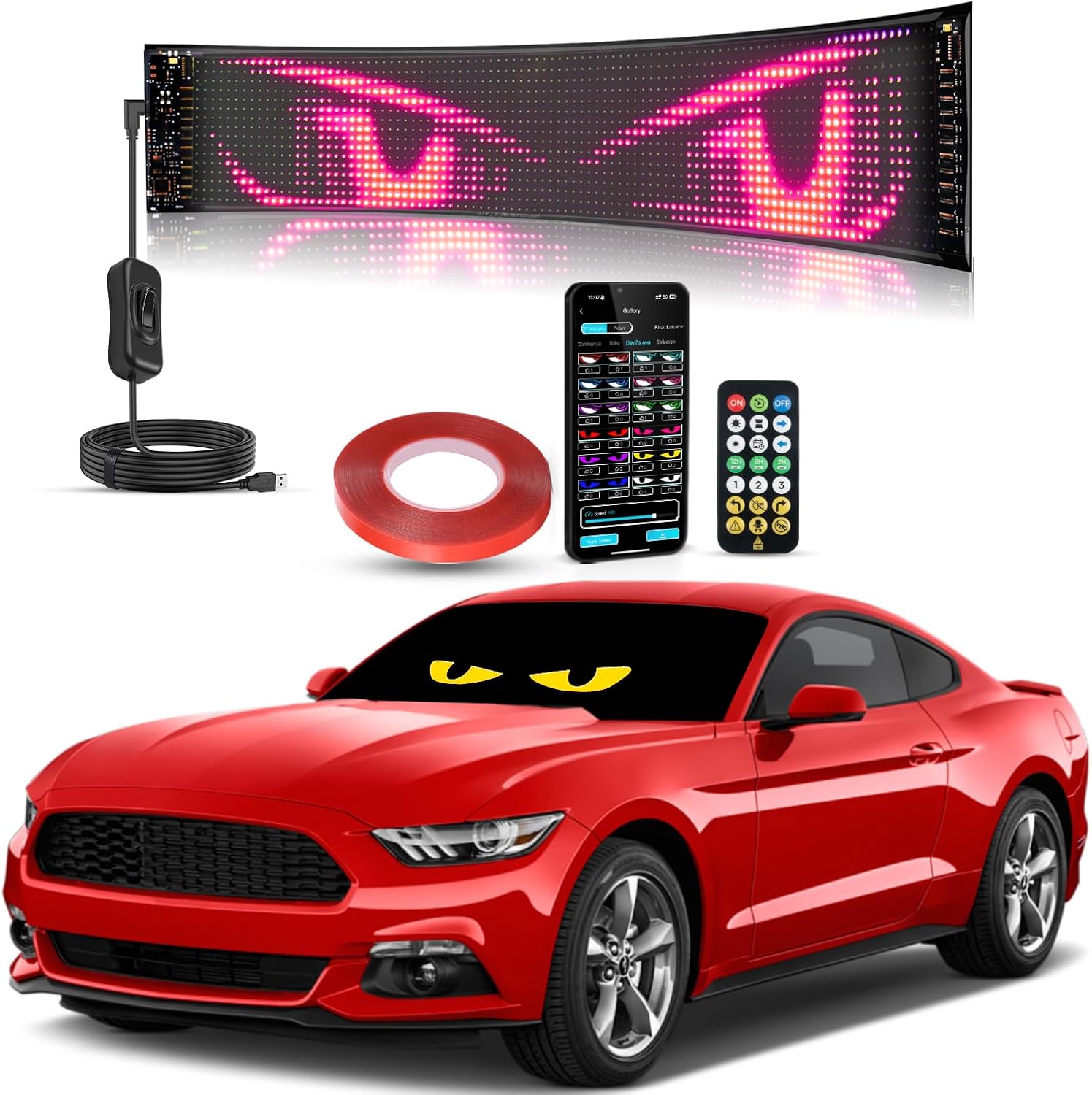 Devil Eye Light Sign 14.7″×3.6″ RGB Dimmable, DIY Dynamic Programmable App & Remote Control, Waterproof IP65 Flexible Silicone Strip Accent Lights for Car Truck SUV Dashboard Windshield, 2‑Pack