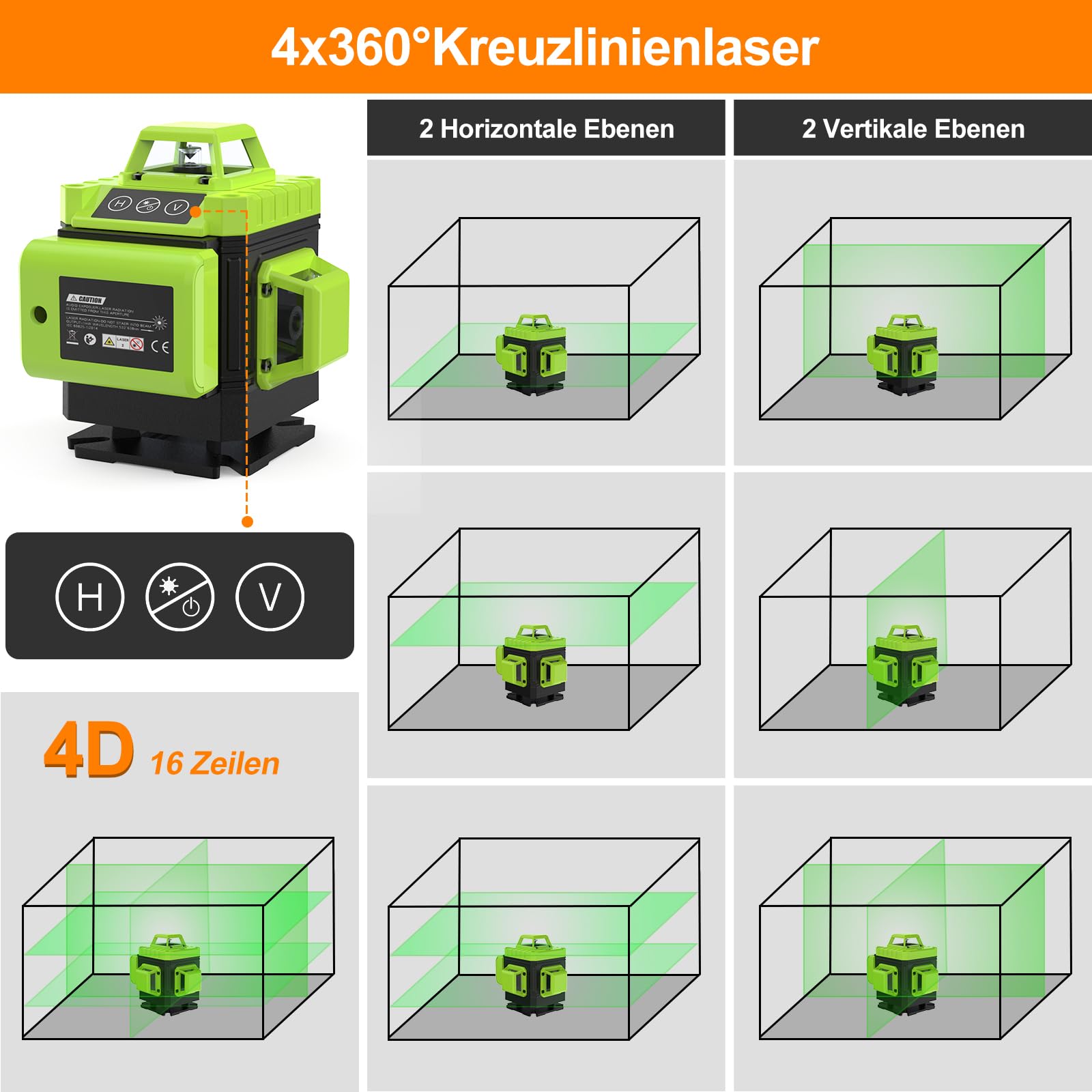 IMAYCC Livella Laser Autolivellante 16 Linee 4D X 360 Verde Luminosità Regolabile con Modalità Manuale e a Impulsi per Interni ed Esterni, 2xBatteria, Telecomando, Caricatore e Così Via