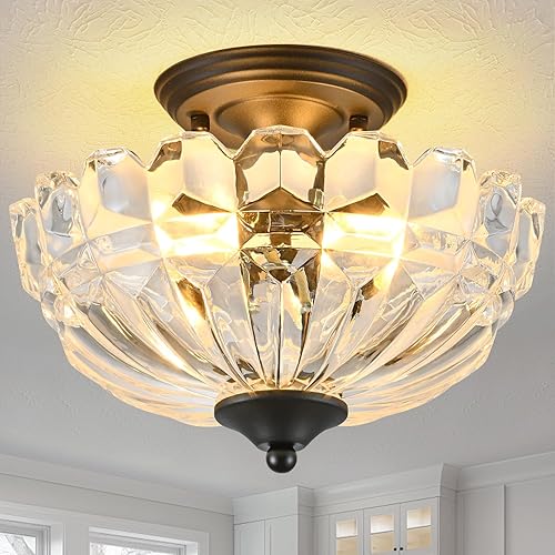 Miniatura 8 de Lámpara de Techo Semiempotrada, Accesorios de Iluminación de Techo de Cocina de 3 Luces con Pantalla de Vidrio Ámbar, Candelabro Moderno Dorado para