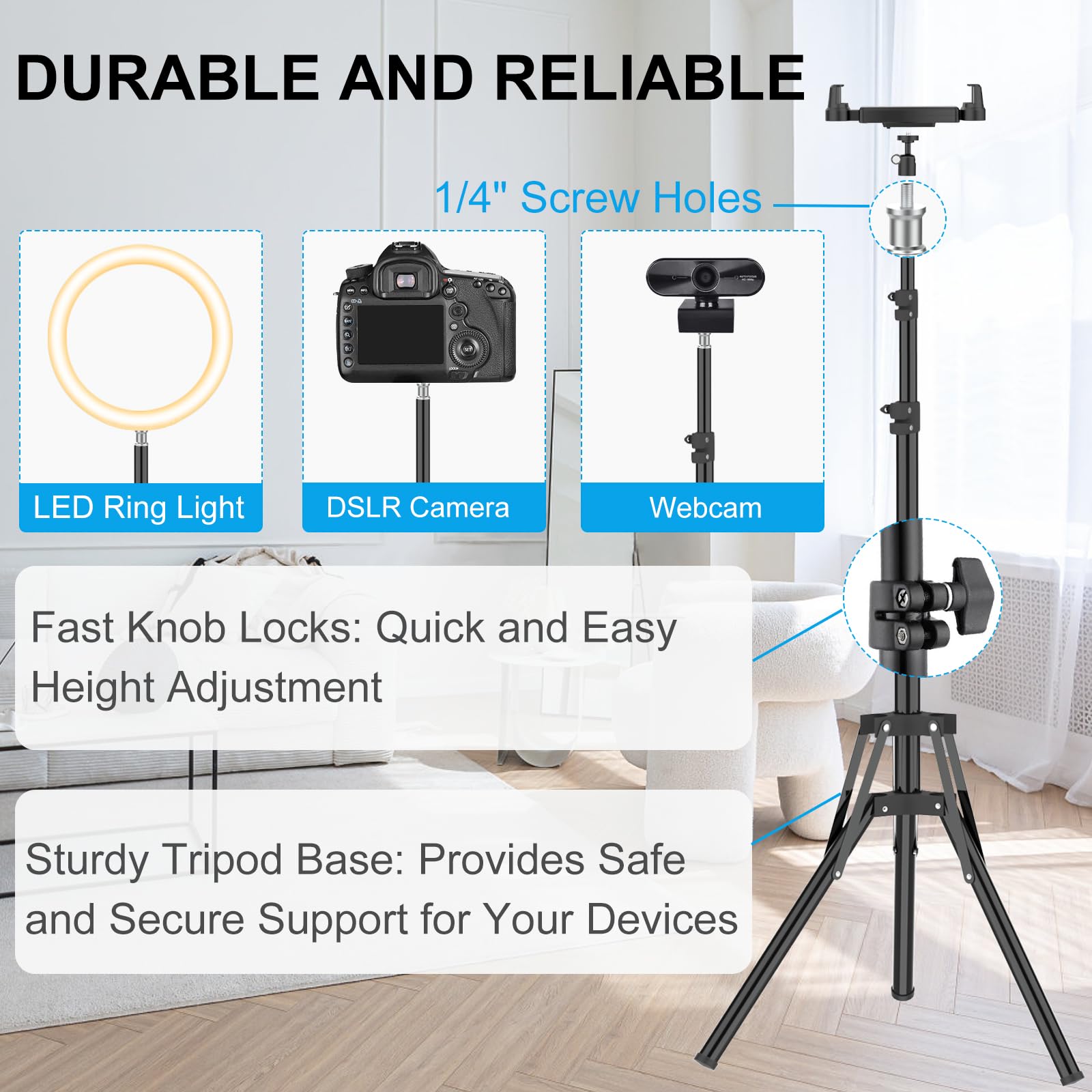 Supporto Treppiede Tablet, Cenawin 152cm Supporto Pavimento per iPad Regolabile in Altezza, Supporto Pavimento per iPad Girevole a 360° Tablet Treppiede per iPad Pro Air Mini 4,7-13,5" Telefono Tablet