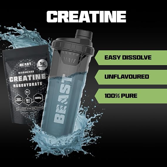 Beast Creatine Monohydrate Powder 300g Full 5g per Scoop 60 Servings | 100% Pure Creatine Powder, Micronised for Easy Dissolve and Absorption - for Physical Performance, Strength and Muscles.