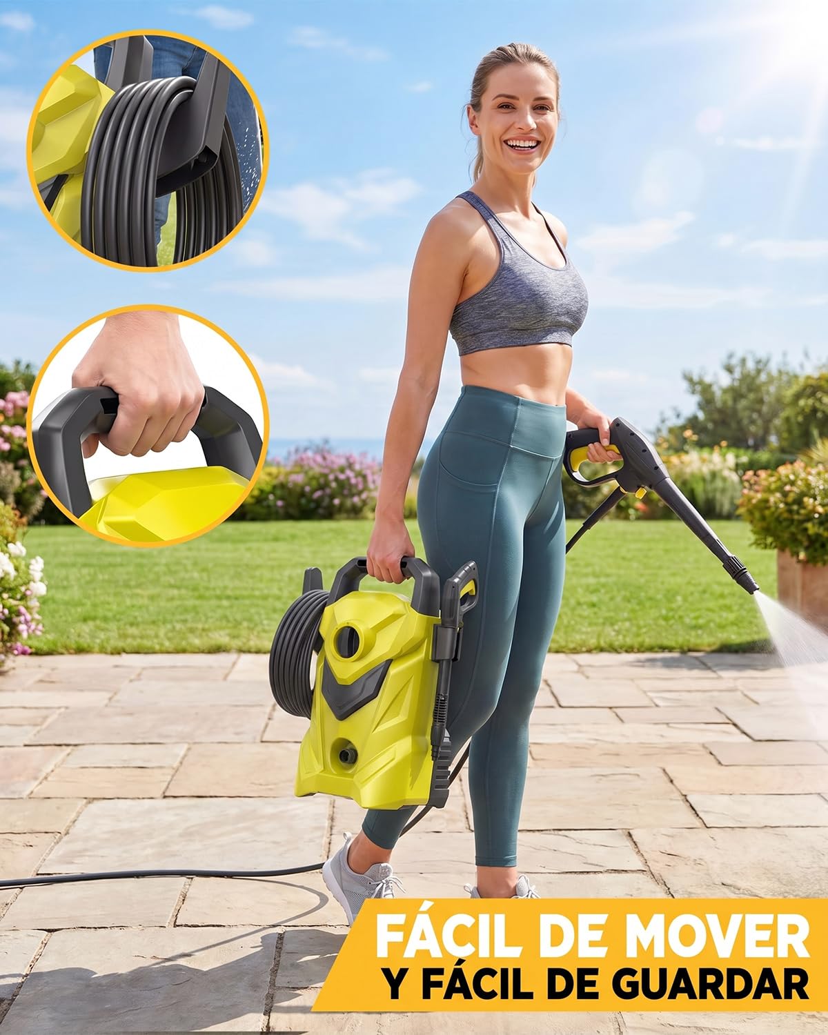 Hidrolimpiadora Compacta de Alta Presión 135 Bar, Diseño Vertical Estrecho Salvaespacio, Bomba de Aluminio con Caudal 360L/h, Limpiador Portátil Profesional para Coche, Moto y Espacios Reducidos