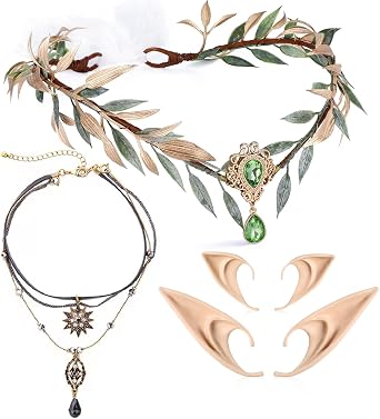 MOSTORY Renaissance Accessories Set Women - 4 Pcs Woodland Fairy Crown Layered Necklace Star Pedant Choker with Elf Ears Set for Renfaire Cotume Halloween Fairy Outfit Fantasy Cosplay