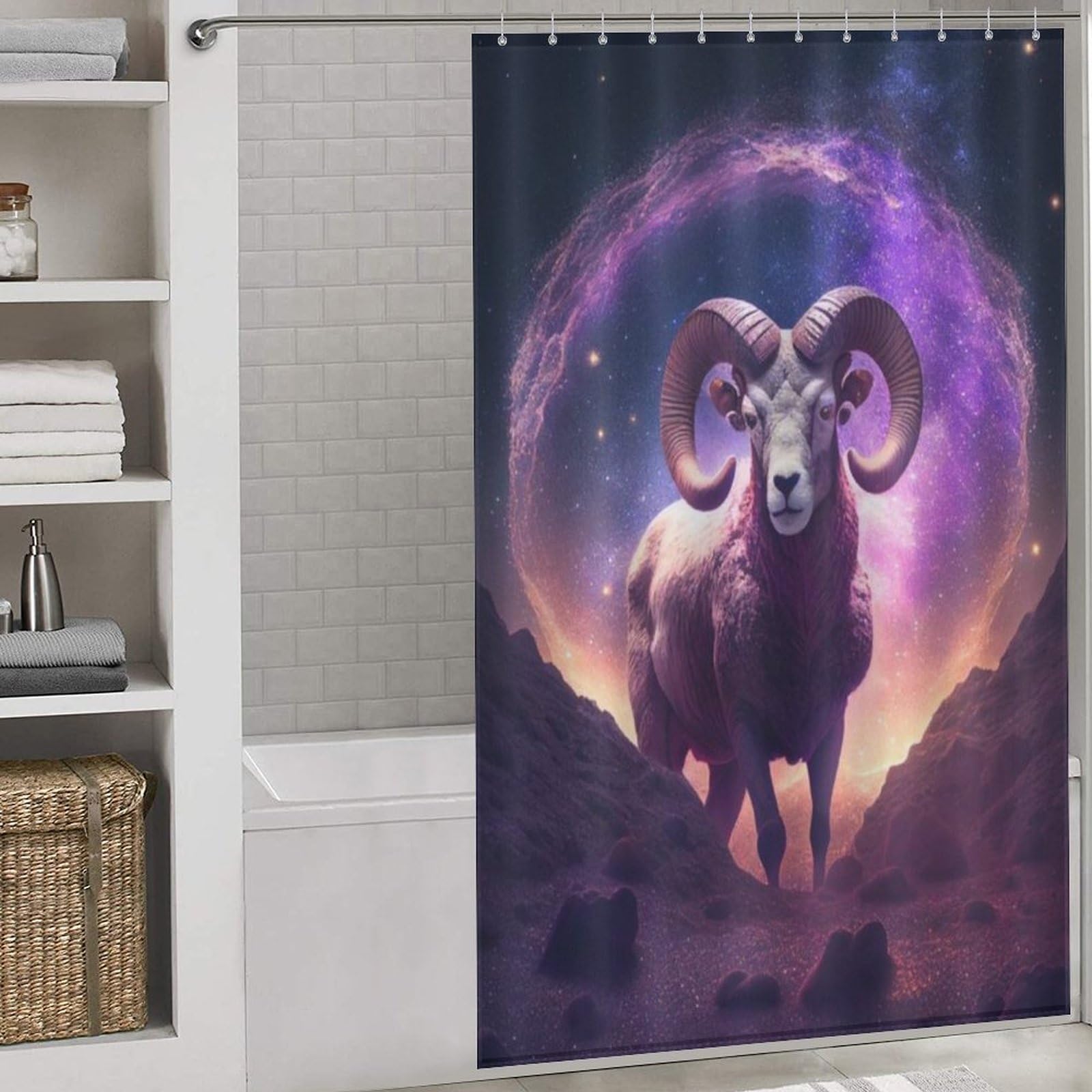 Rideau de douche chèvre en polyester lavable 140x183 cm pour salle de bain