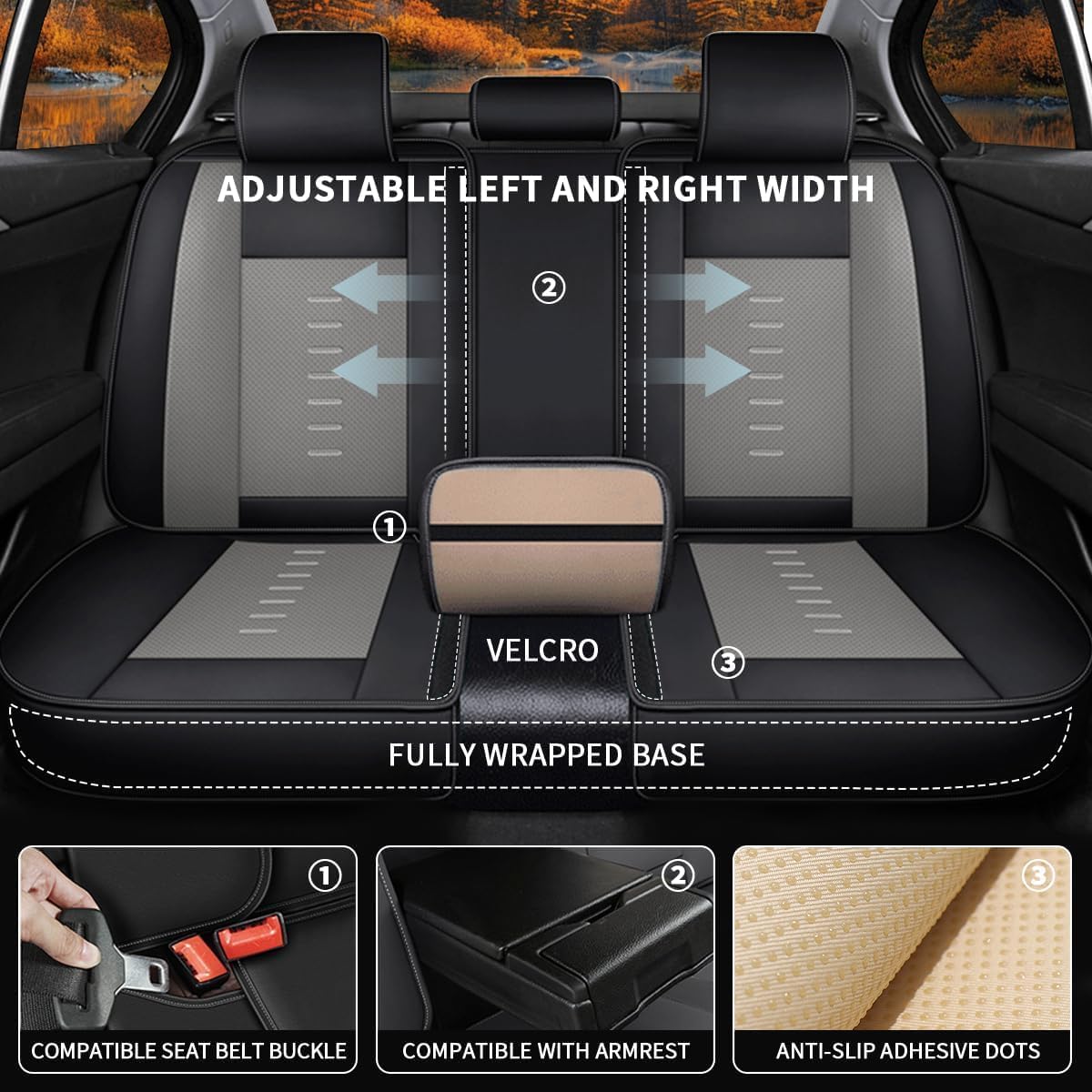 Car Seat Covers Full Set Fit for Toyota Prius 2003-2015 Faux Leather Seat Cushion with Lumbar Support Airbag Compatible Automotive Interior Accessories (Black & Grey)