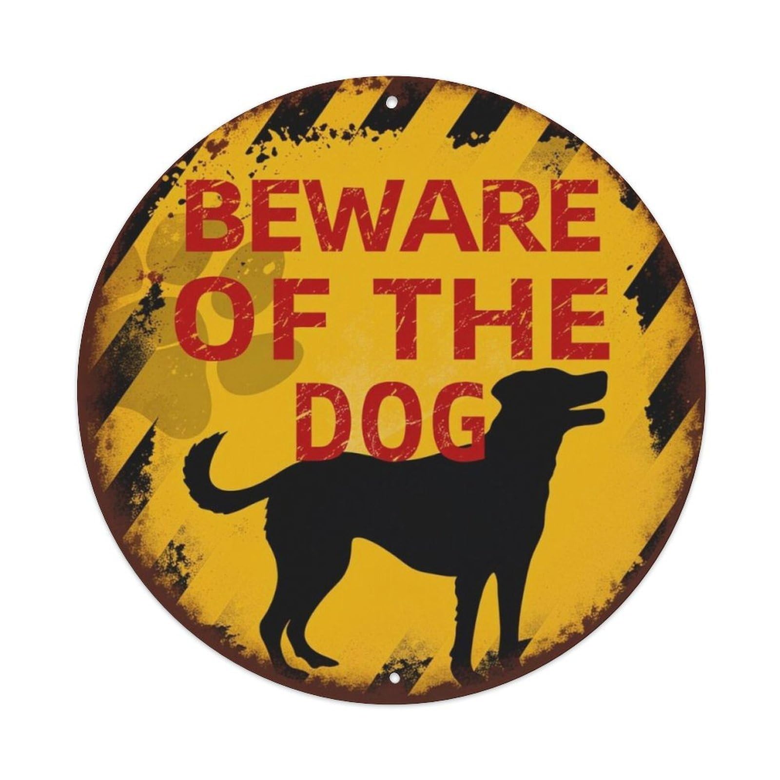 Vintage Distressed Beware of The Dog Warning Round Metal Sign Vintage Aluminium Metal Sign, Retro Wall Decor for Home, Bar, Garage & Farmhouse 20x20cm