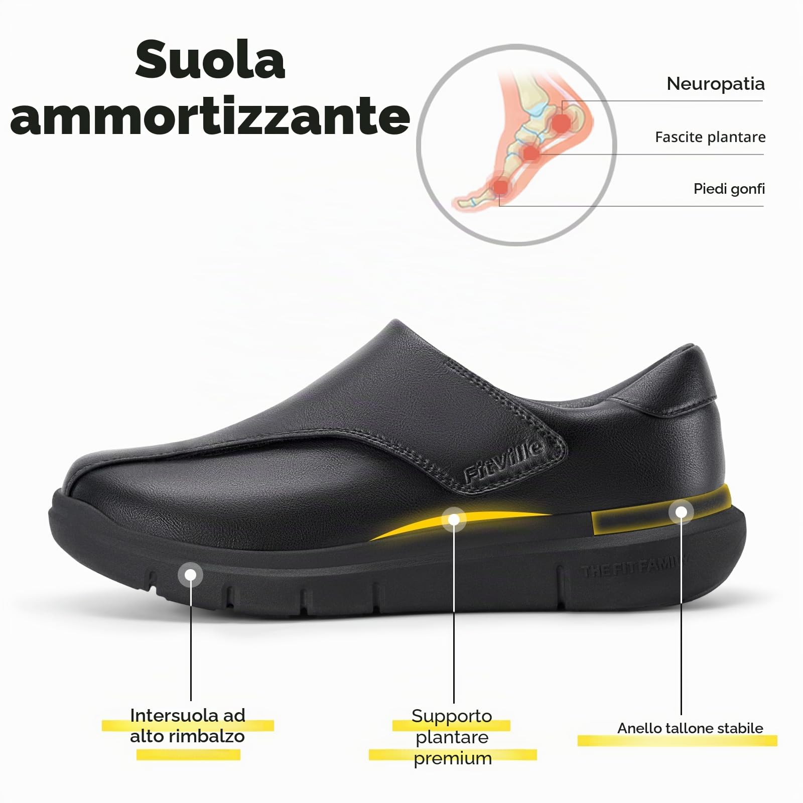 FitVille Extra Larghe Scarpe da Uomo in Pelle con Strappo Scarpe da Passeggio Business Casual per Piedi Gonfi EasyTop Deluxe V1