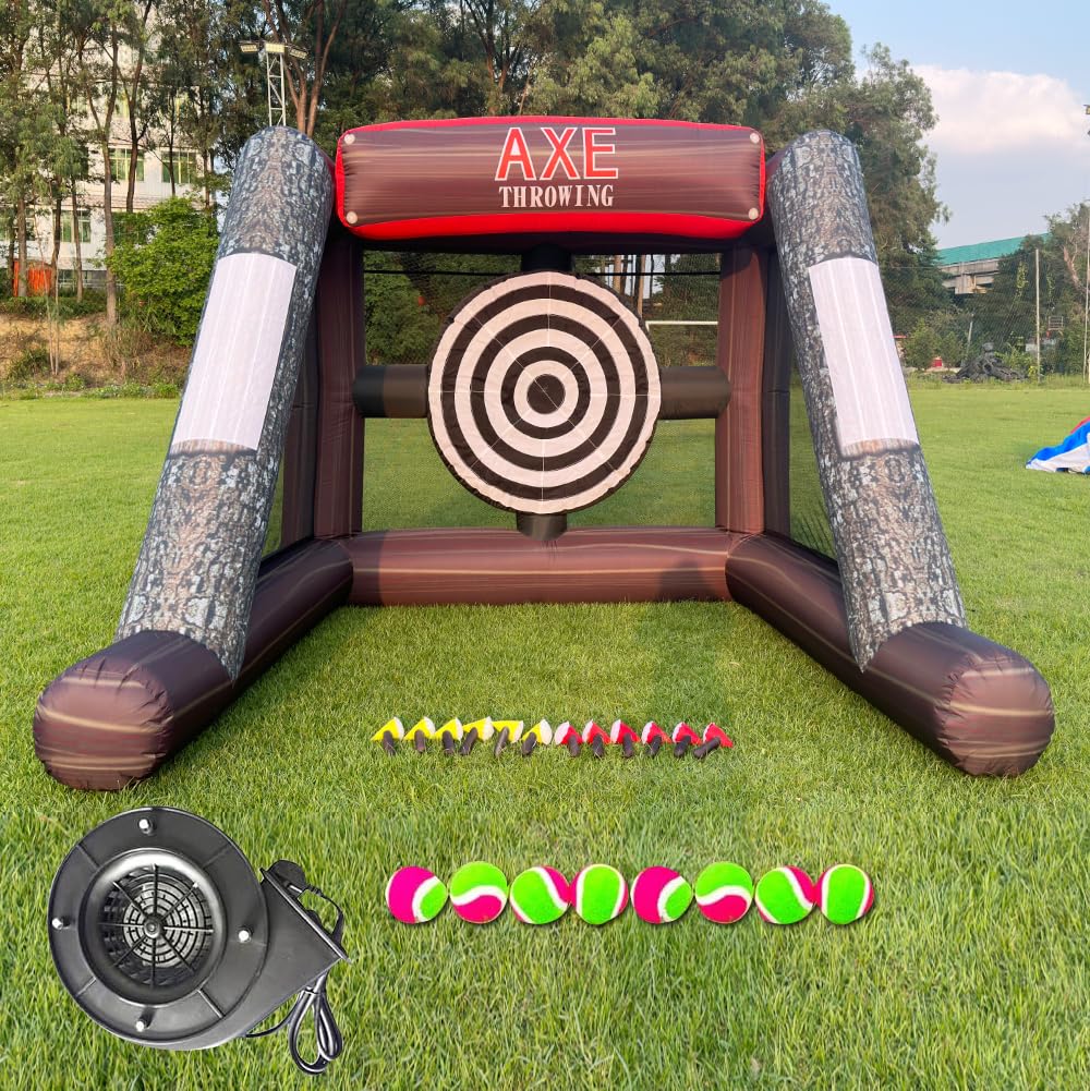 Inflatable Axe Throwing Game Inflatable Ball Toss Target Dart Board with 1 Air Blower and 12 Axe and 10 Balls for Sport Events