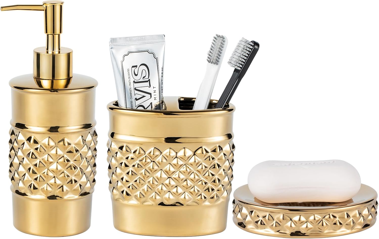 バスルームアクセサリーセット 5ピースレジンバスルームアクセサリーセットソープディスペンサー/歯ブラシホルダー/タンブラー/ソープデ バスアクセサリーセット  バスルームアクセサリーセット 大理石 バスルームアクセサリーセット 5点 セラミック ソープディッシュ、歯 ... ゴールドセラミックバスルームアクセサリー3点セット - 豪華なソープディスペンサー、歯ブラシホルダー、ソープディッシュ、モダンなジオ