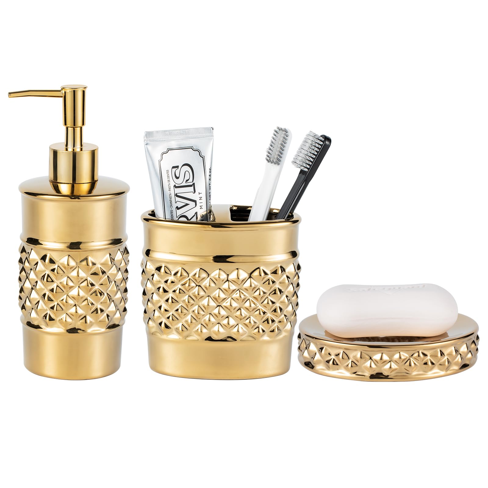 Bathroom Accessory Set, 3-Piece Ceramic Bath Accessories Set with Tray, Lotion Dispenser, and Tumbler