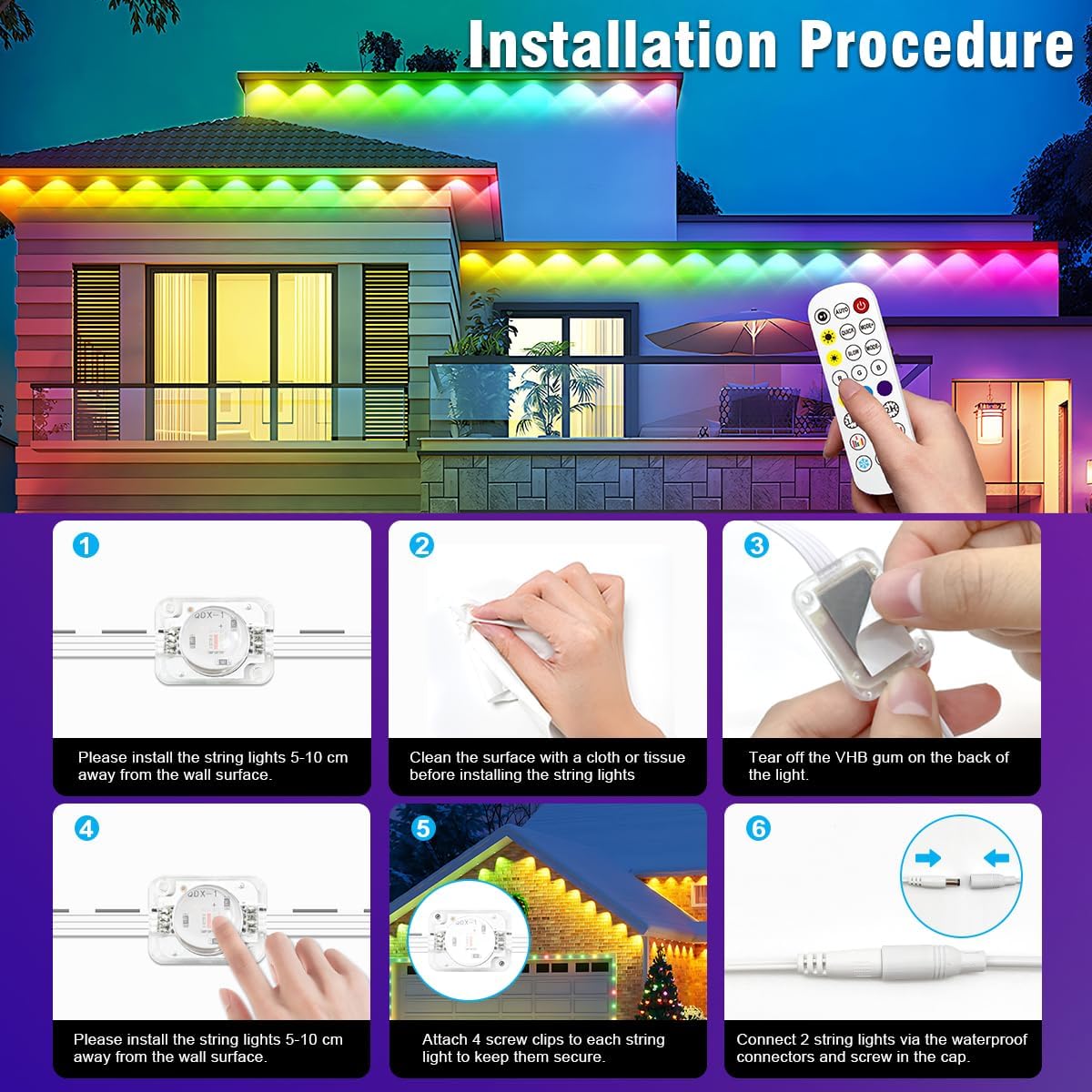 Permanent Outdoor Lights, 200ft Outdoor String Light Smart RGB with 72 Scene Modes, IP67 Waterproof Holiday Lights for Outside, APP and Remote Control Party Holidays