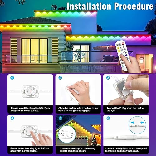Miniatura 8 de Luces permanentes para exteriores, cadena de luces RGB inteligente de 200 pies con 72 modos de escena, luces navideñas impermeables IP67 para