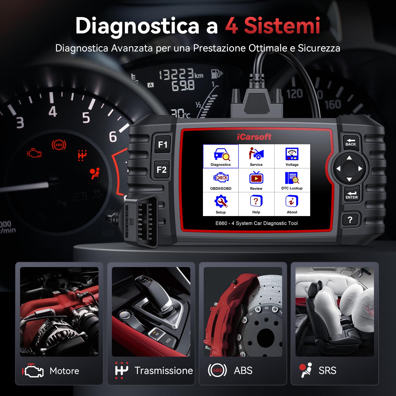 iCarsoft E660 OBD2 Auto Diagnostica, Diagnosi Auto Professionale in Italiano, Sistema Motore/ABS/SRS/Trasmissione, 6 Funzioni di Ripristino, Reset Olio/EPB/BMS/ETC/SAS/TPMS, Aggiornamento a Vita