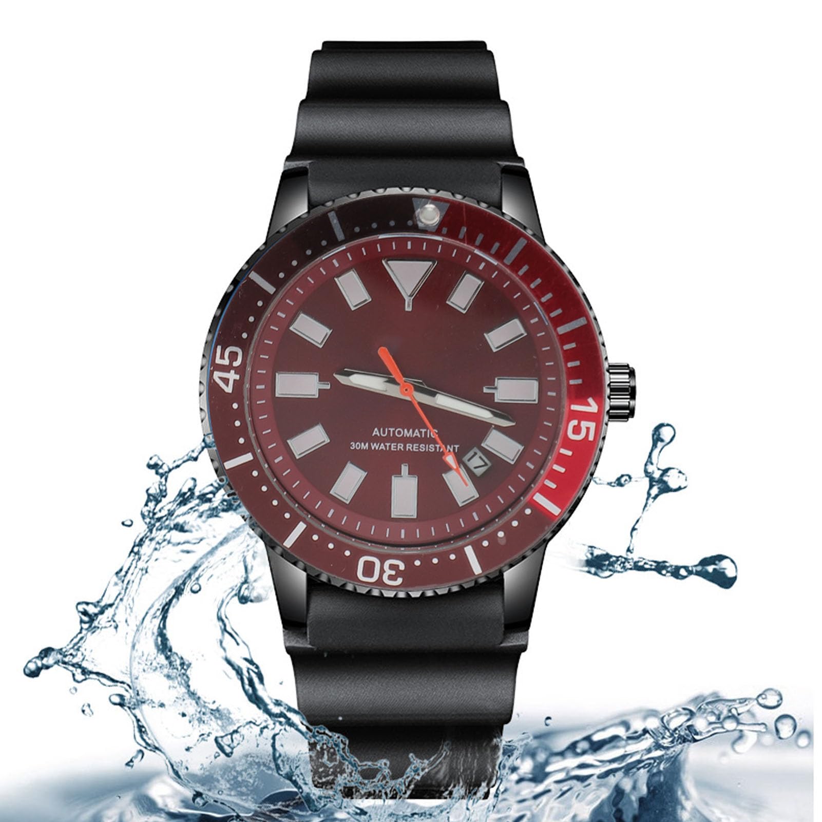 Generic Reloj Analógico para Hombre Resistente Al Agua Movimiento Automático Cronógrafo Reloj de Pulsera Pantalla Luminosa Bisel Giratorio para Pesca (Rojo Plateado)