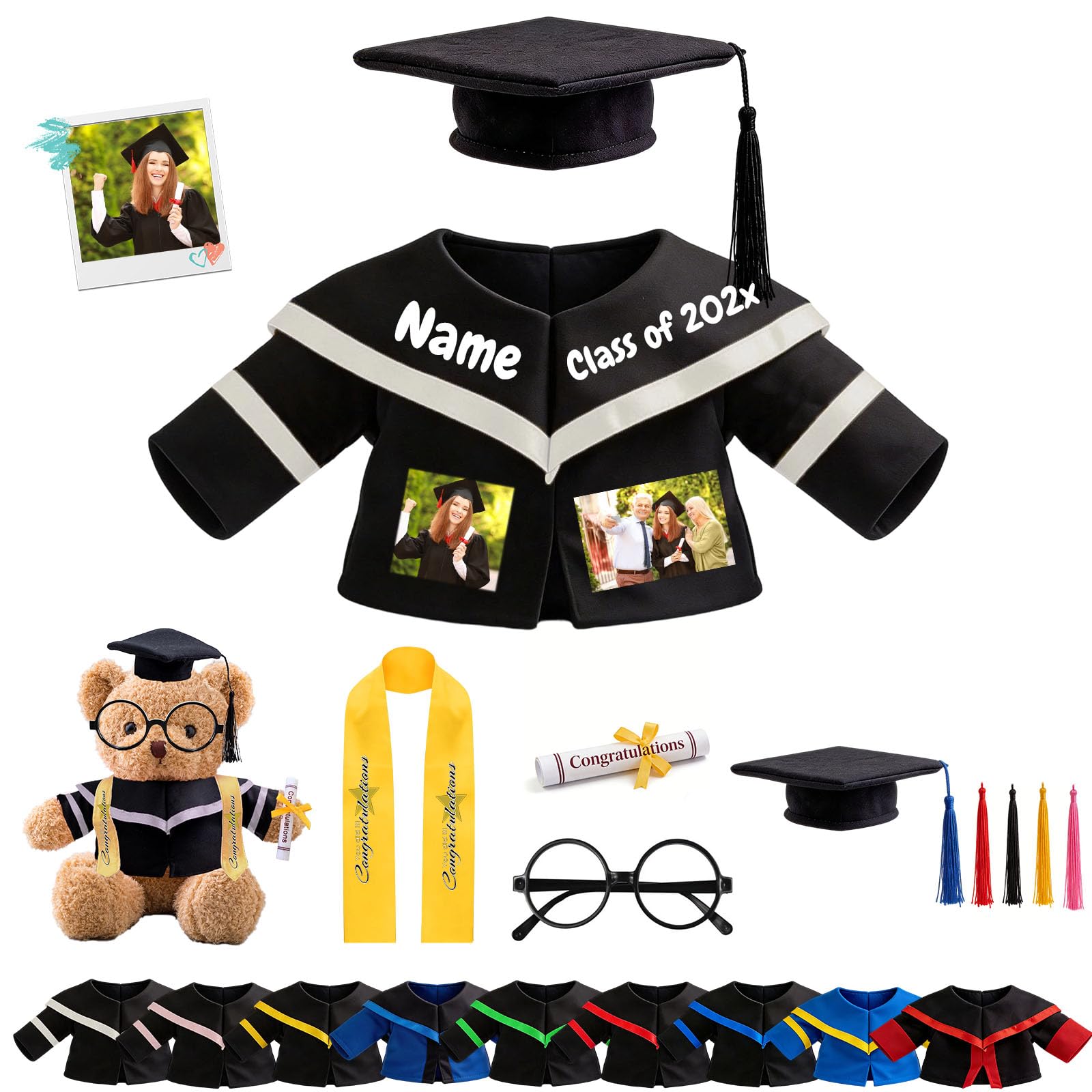 FAHOXUMR Personalised Graduation Teddy Bear Clothes with Photo Text, Custom Graduation Stuffed Animal Clothes Fit 8-16inch Stuffed Bear Clothing, Custom Doll Clothing Make Your Own Plush Doll Shirt