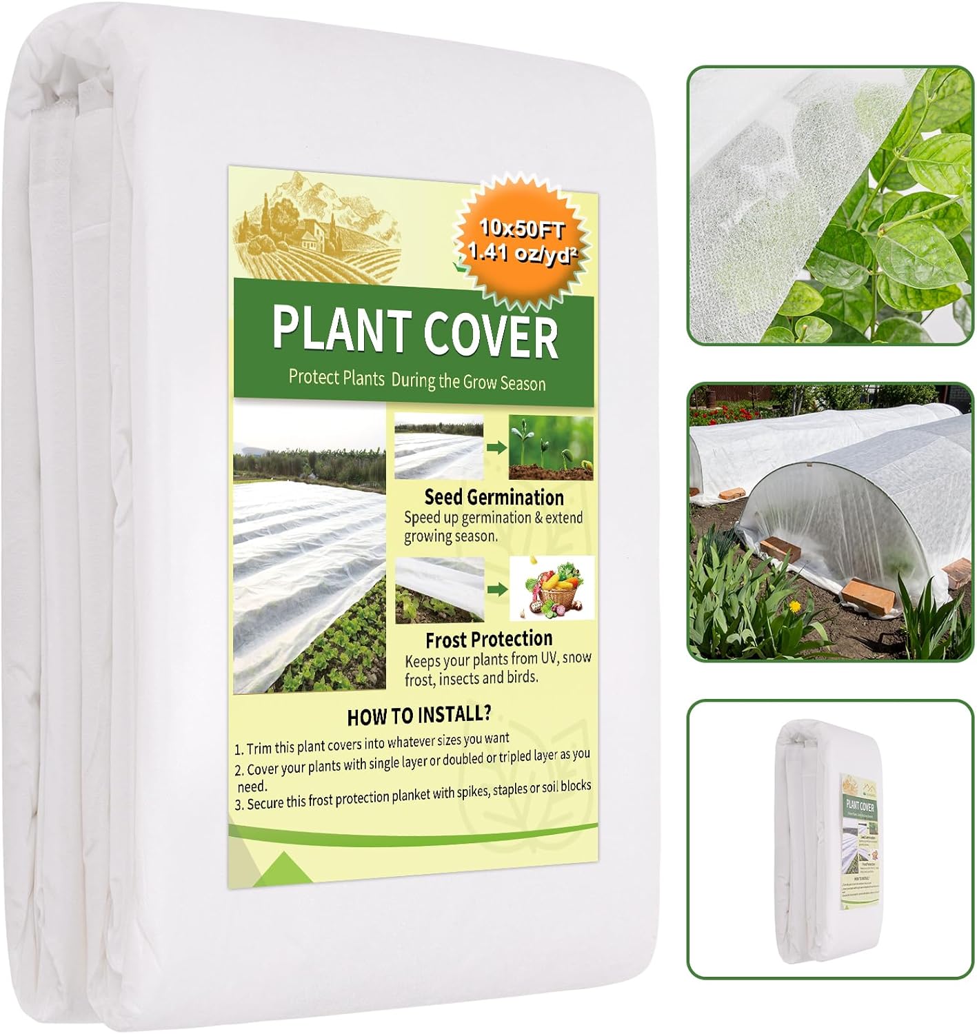 10FT x 50FT Plant Cover Freeze Protection 1.1 oz/yd Greenhouse Covers Frost Blankets for Vegetable Reusable Floating Row Cover for Winter Cold Weather,Garden Frost Sun Pest Protection