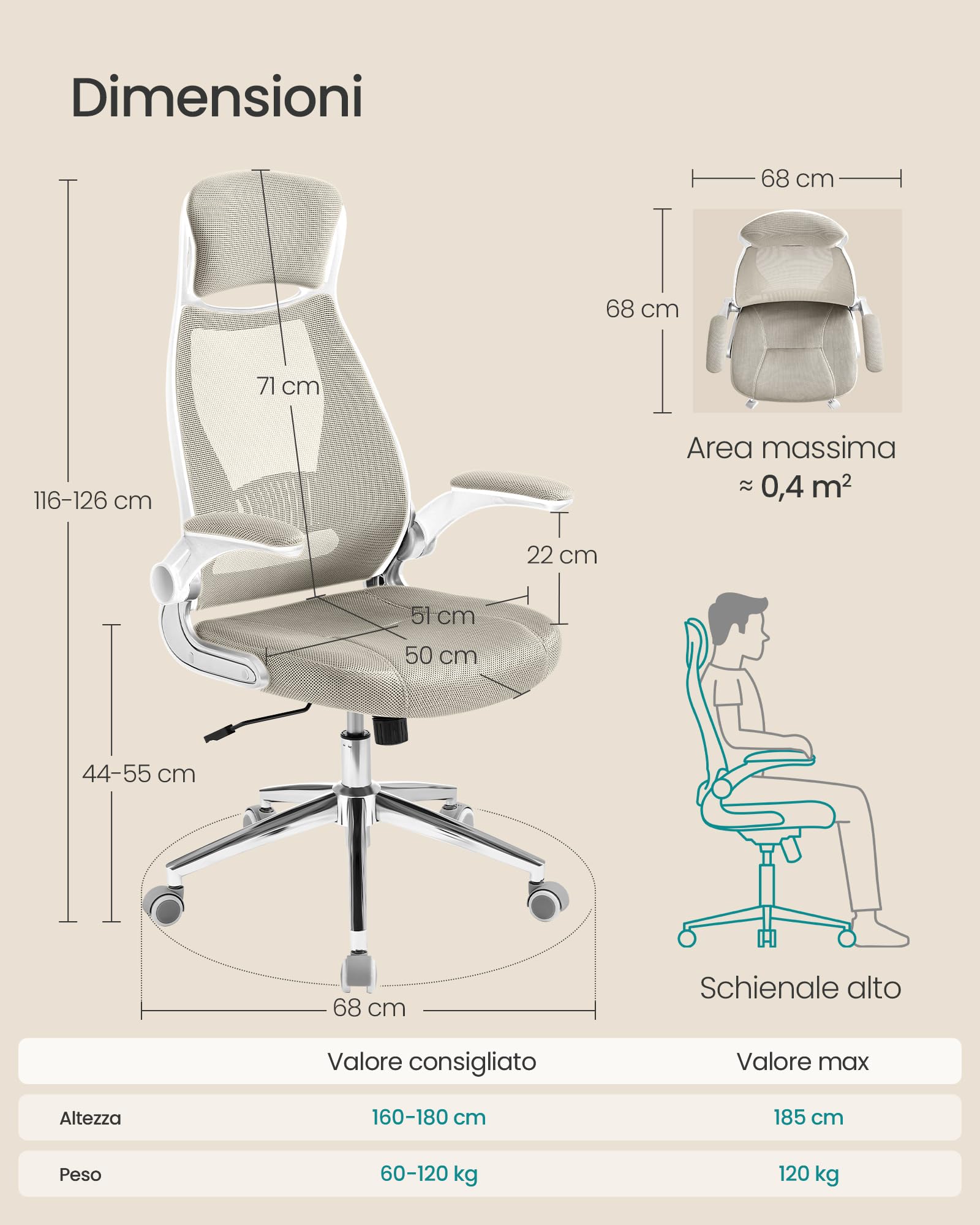 SONGMICS Sedia da Ufficio, Poltrona Girevole, con Braccioli Ribaltabili, Poggiatesta e Supporto Lombare, Inclinazione ad Oscillamento, Superficie in Rete, Beige Cappuccino OBN086K01