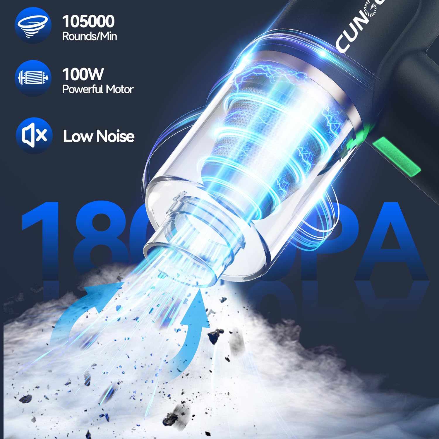 Aspiradora de mano portátil sin cables, 18000 Pa 5 en 1, motor sin escobillas de 100 W, aspiradora de alta potencia con martillo rompevallas, luz LED, múltiples boquillas para coche, hogar