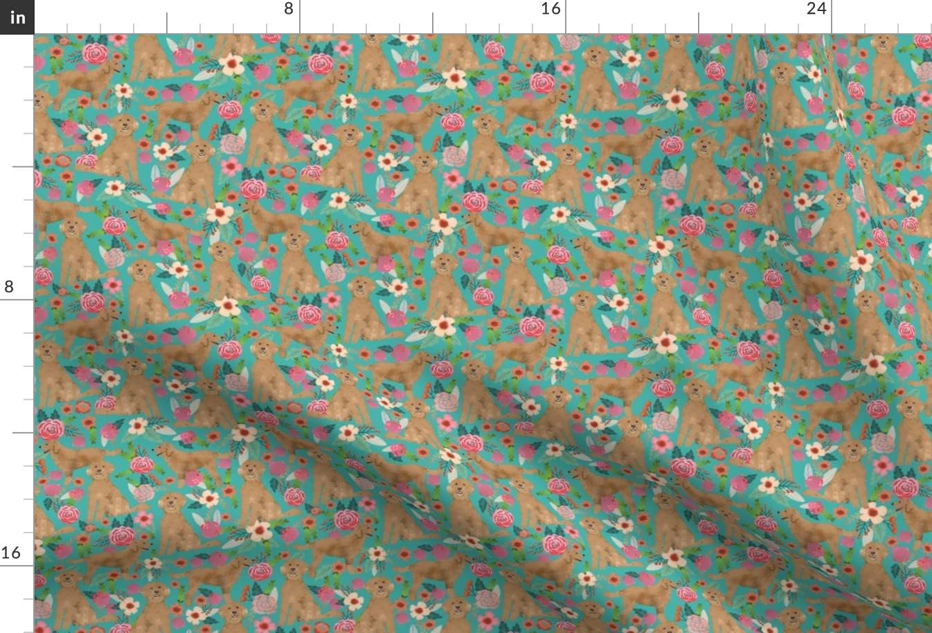 Spoonflower Fabric - Golden Doodle Floral Flowers Dog Pattern Turquoise Dogs Printed on Upholstery Velvet Fabric Fat Quarter - Upholstery Home Decor Bottomweight Apparel