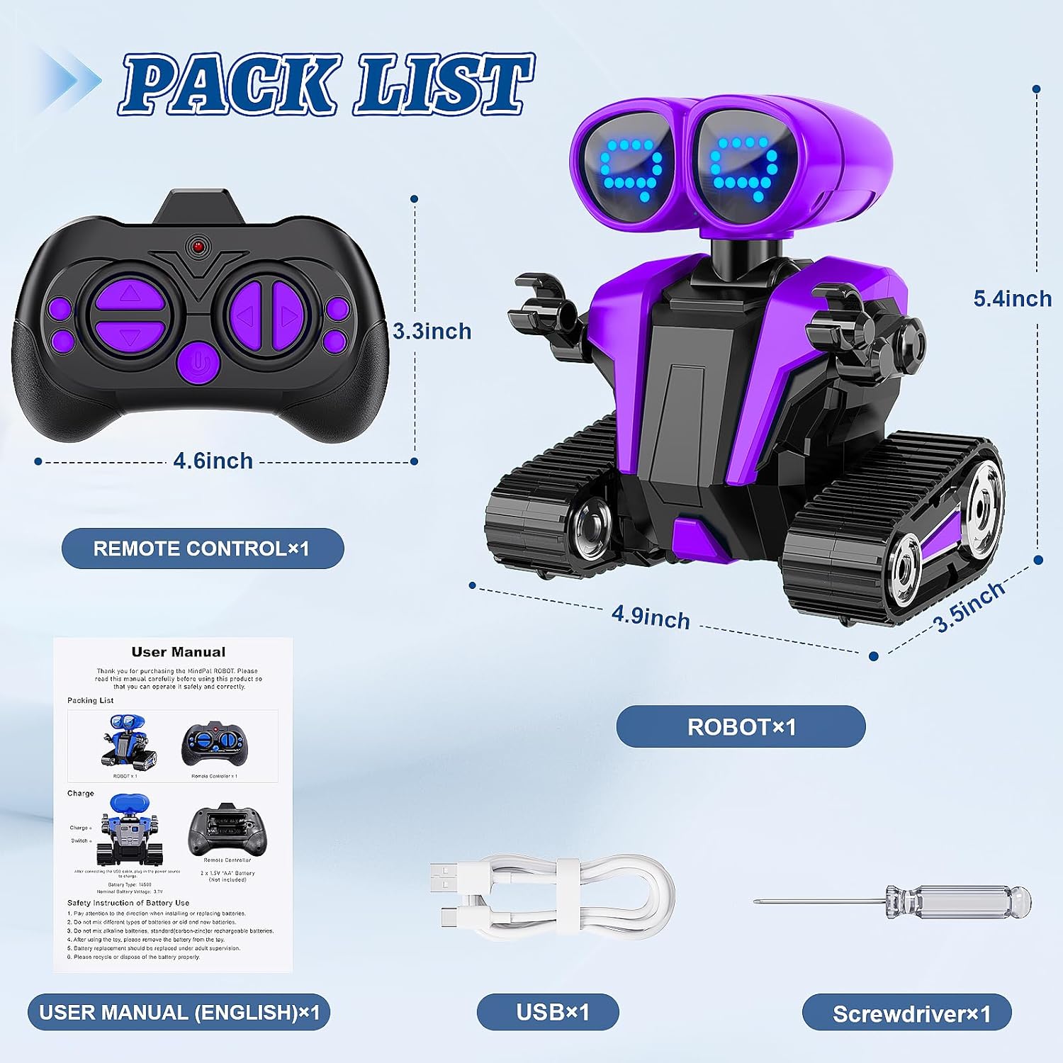 MindPal Robot Toys for Boys Girls with Auto-Demonstration Robots for Kids Remote Control Rechargeable Emo Robot with LED Eyes Age 3 Years and Up Purple