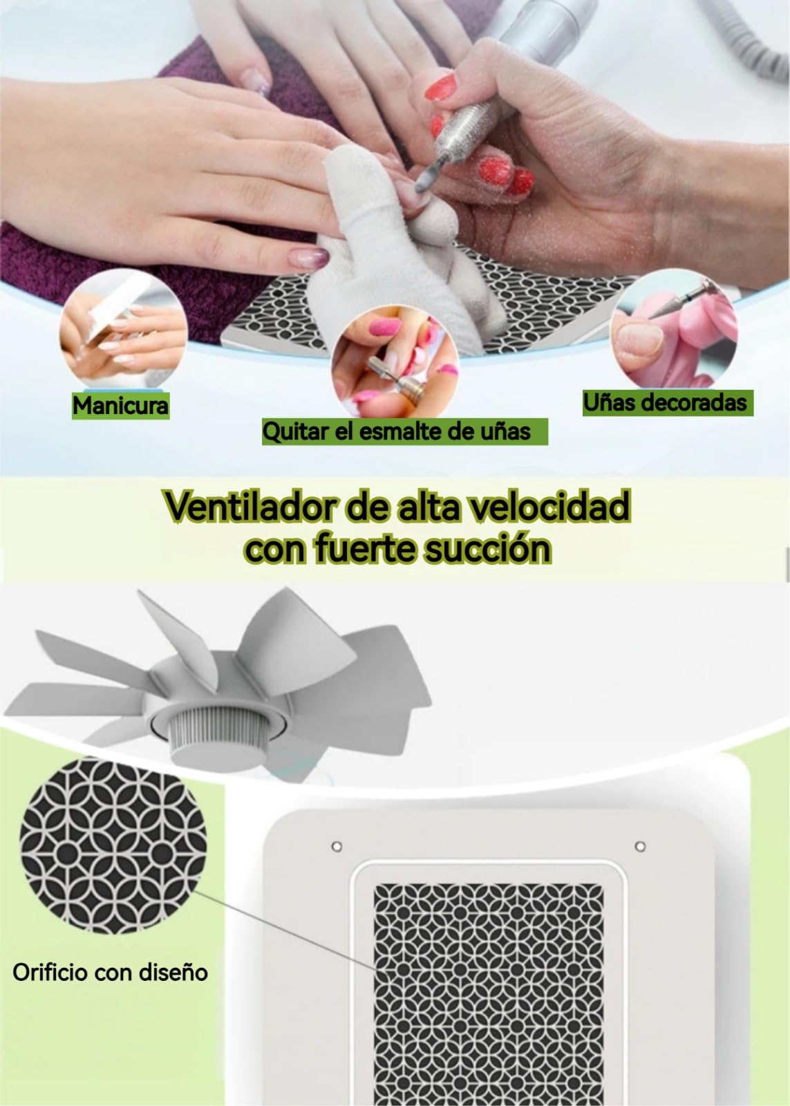 Herramienta de manicura aspirador de uñas empotrable 48W, 3500 rpm, limpieza de polvo