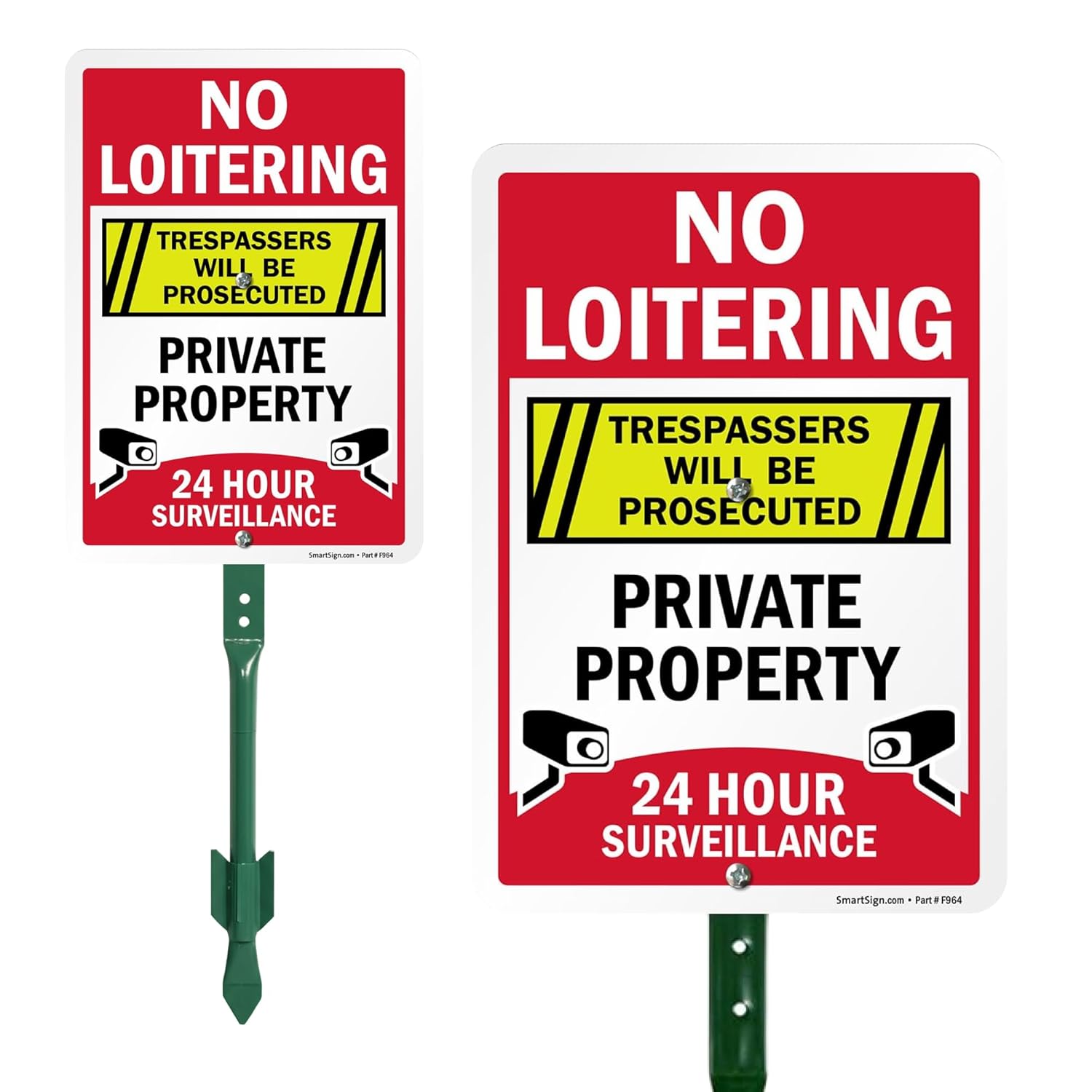 SmartSign “No Loitering - Private Property, 24 Hour Surveillance, Trespassers Will Be Prosecuted” Sign for Lawn | 21” Tall Stake & Sign Kit