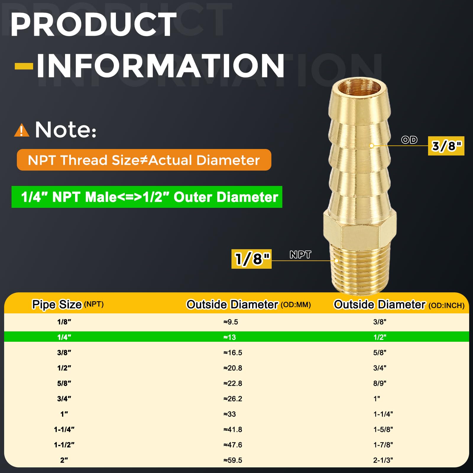 METALLIXITY 6Pcs Brass Hose Barb to NPT Male Adapter 3/8" Barb x 1/8" NPT Male for Automotive Motorcycle, Marine, Truck - Image 2