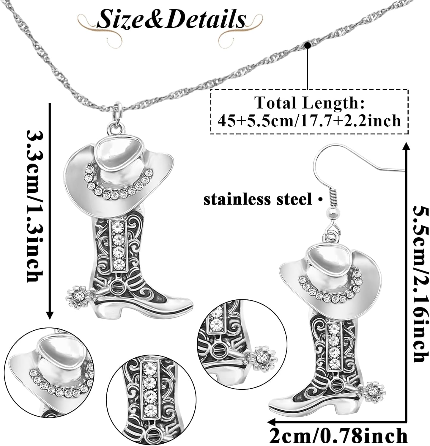 RechicGu Texas Cowboy Boot Necklace Earrings Western Jewelry Set for Women Silver Gold Cowgirl Choker Dangle Earring Set Dainty Country Accessories Rodeo Outfit for Ladies Trendy