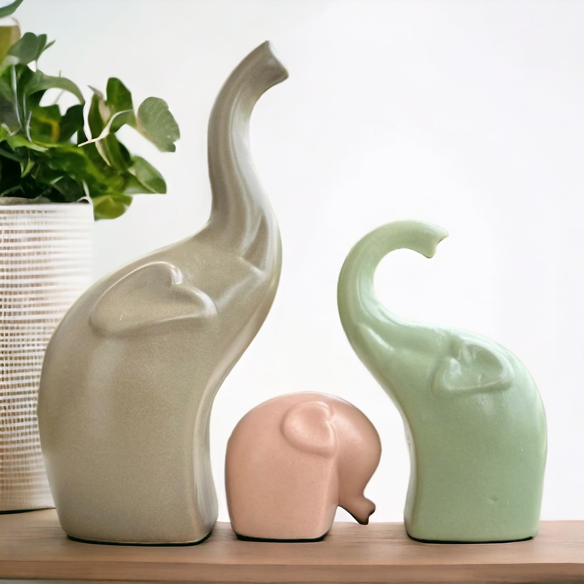 URBAN SENSE | Elephant Family Matte Finish Ceramic Figures | Home Decor Living Room Decorative Items Showpieces House Warming Gifts for New Home| (Grey Light Green Pink)