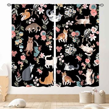 Cat Curtains Cute Blackout Curtains for Bedroom, Watercolor Black Floral Plants Lovely Kawaii Cat Aesthetic Window Drapery Treatments for Living Room Kitchen Bathroom 2 Panels Set, 42"x45" Inch