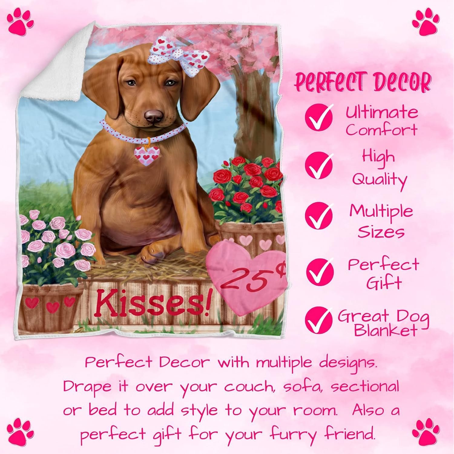Rosie 25 Cent Kisses Vizsla Dog Blanket - Lightweight Soft Cozy and Durable Bed Blanket - Animal Theme Fuzzy Blanket for Sofa Couch BLNKT61911 (30x40 Fleece)