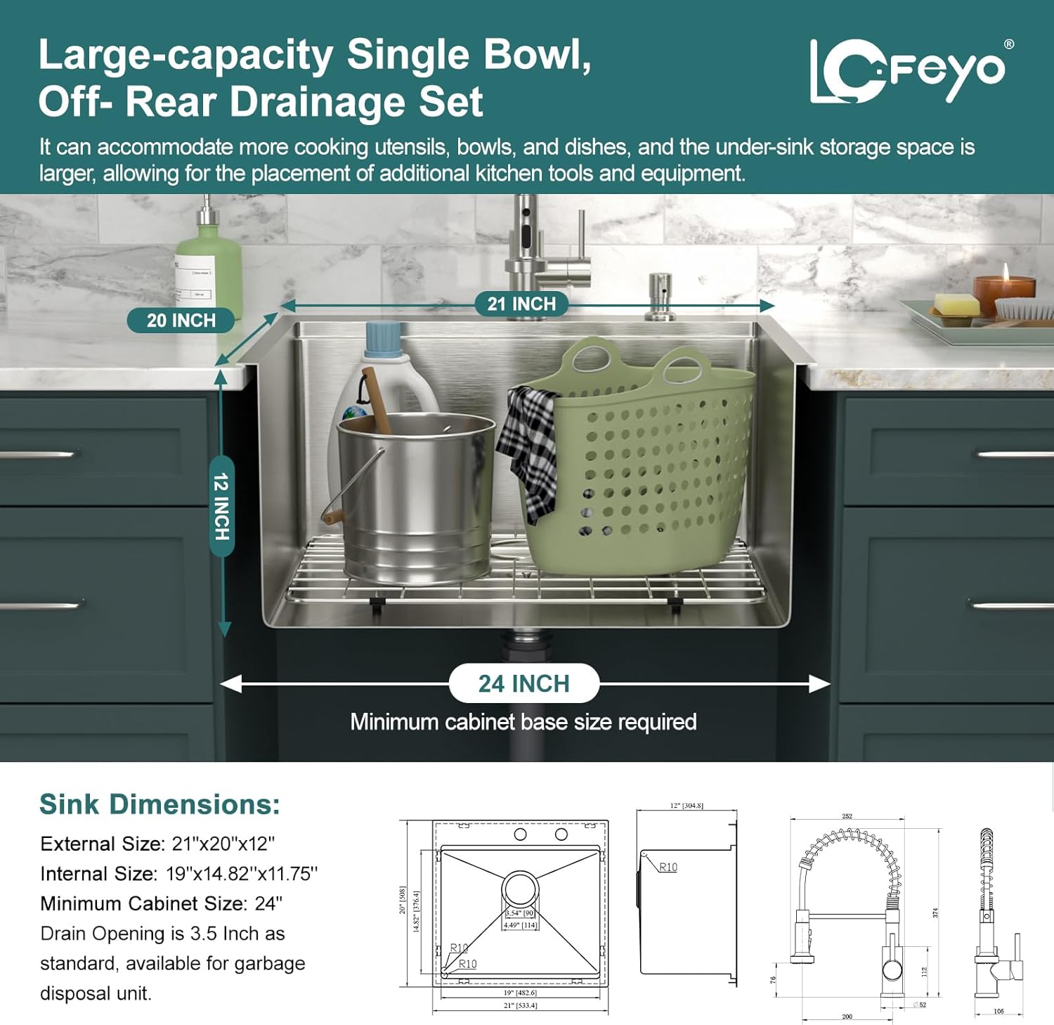 21x20 Inch Drop In Laundry Room Sink 12" Deep Kitchen Sink with Workstation Faucet Combo 304 Stainless Steel Single Bowl #LOF-L-DOE00127