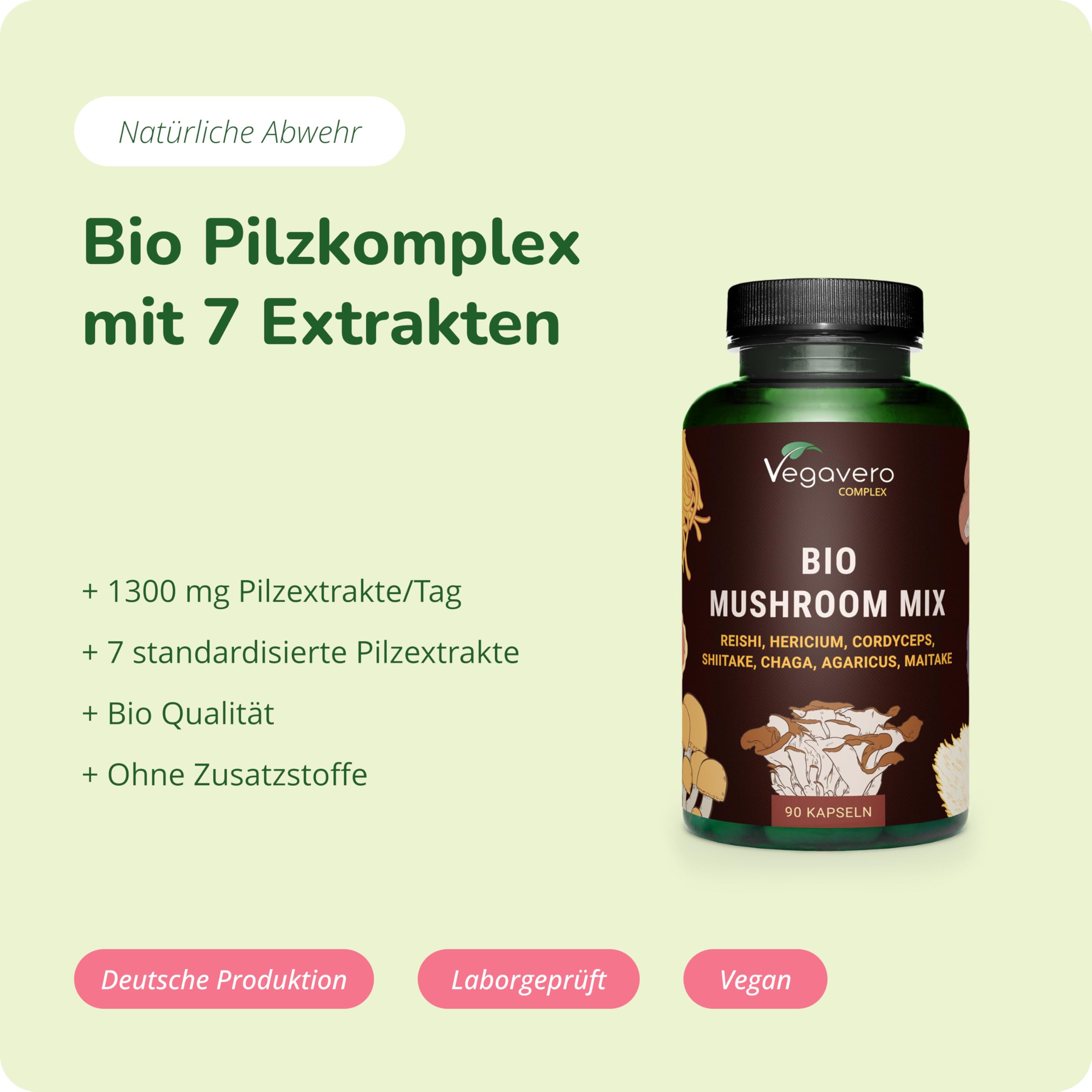 Vegavero Bio Pilz Komplex Hochdosiert - 90 vegane Kapseln - 1300 mg 7 Vitalpilze Extrakte - Reishi Lions Mane Cordyceps Chaga Shiitake Maitake Agaricus - 490 mg Polysaccharide & Beta-Glucane