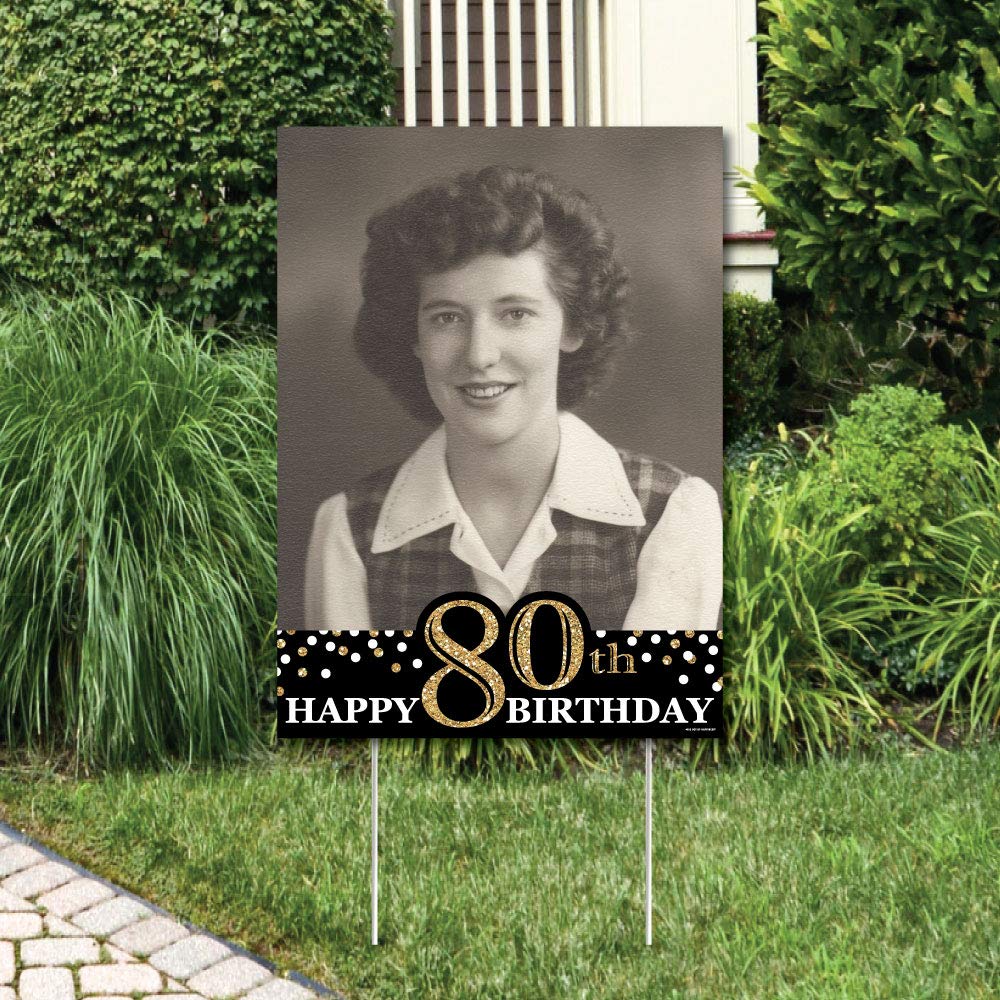Big Dot of Happiness Custom Adult 80th Birthday - Gold - Photo Yard Sign - Birthday Party Decorations