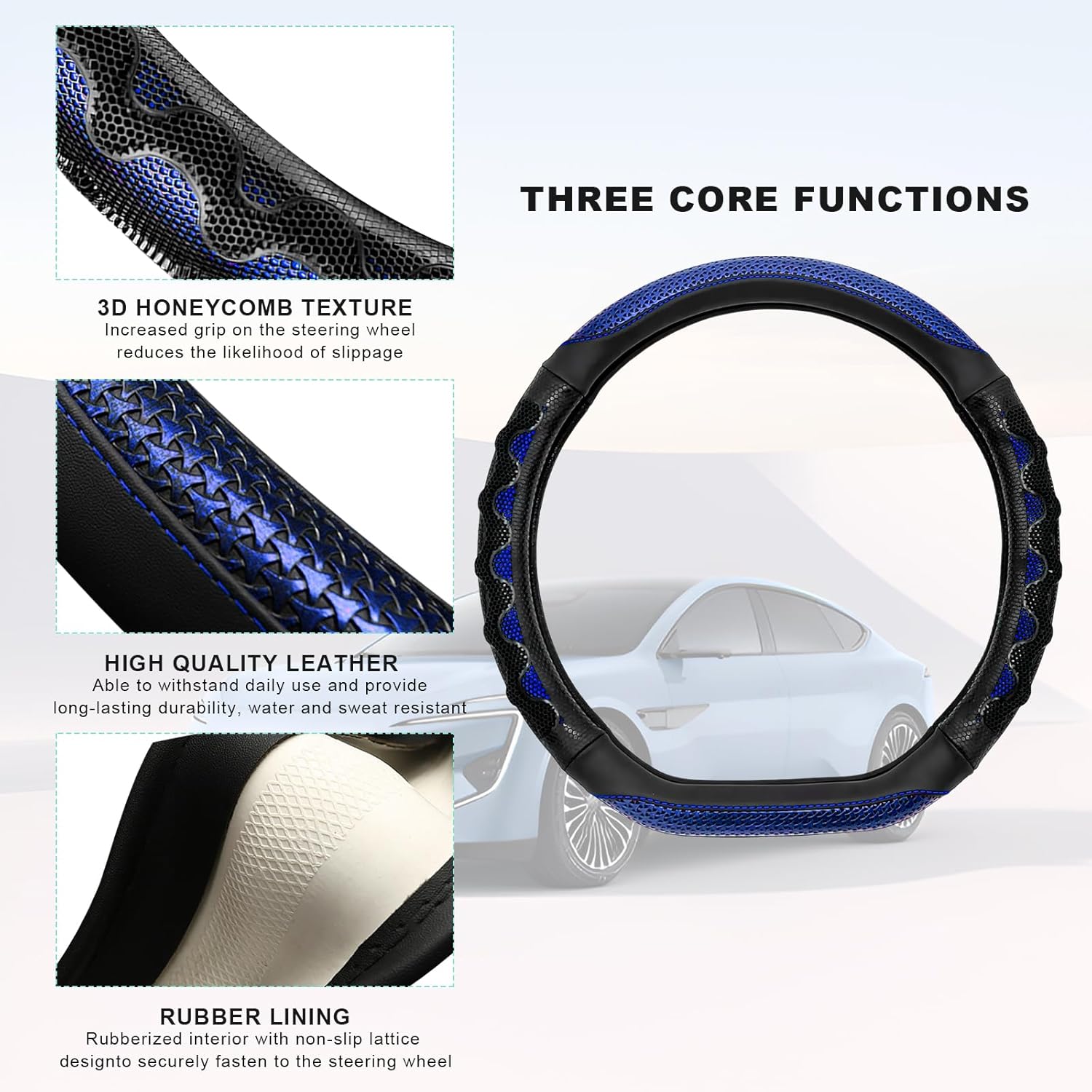 Car Steering Wheel Cover, Anti-Slip Breathable Steering Wheel Protector with 3D Honeycomb Design, Sporty Elastic Protective Cover for 14.5-15 Inch Flat Bottom Steering Wheels (Blue) - Image 3