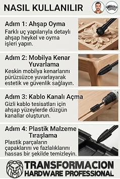Transformacion Ahşap Oyma Törpü Seti 10 Farklı Geometrik Formda Plastik ve Yumuşak Metal İşleme Döner Eğe Uçları Seti - Hobi, Oyma, Kanal Açma ve Çapak Alma 722469