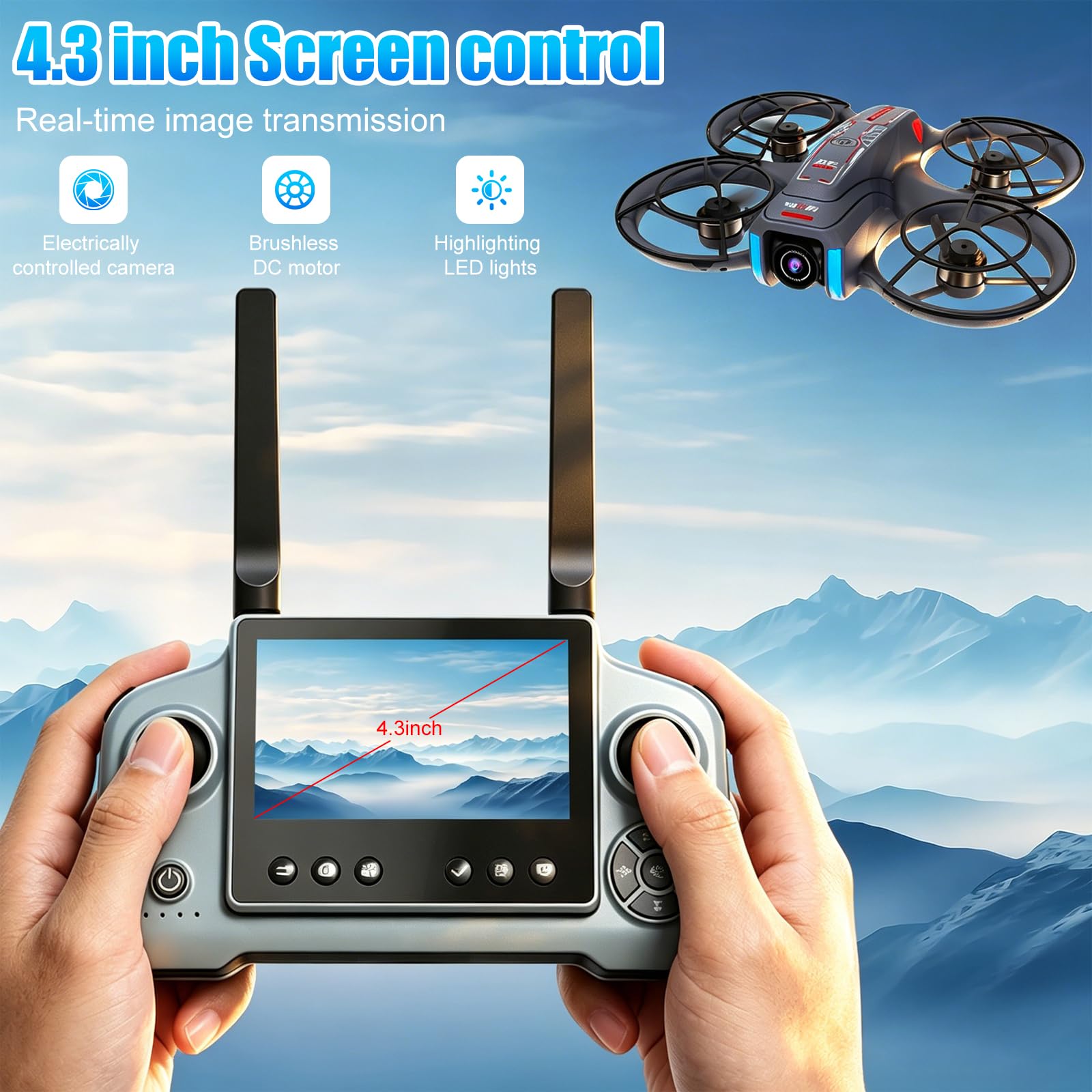 OBEST Drone con Fotocamera, Telecomando schermo da 4,5", Evitamento Ostacol, Fotocamera Regolabile a 90°, con Scheda TF, 2 Batterie, adatto per Adulti e Principianti