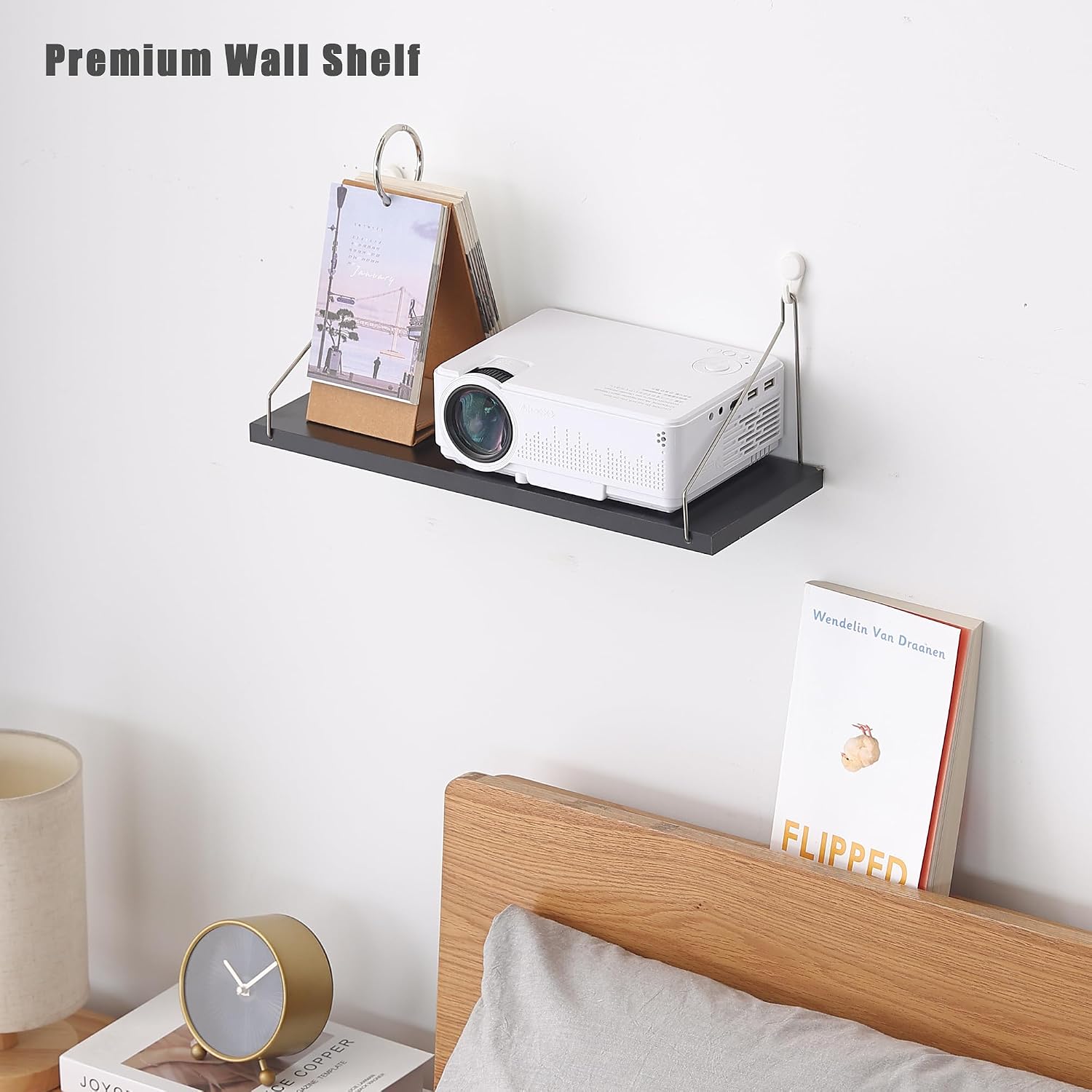 Floating Shelves for Projector 15.75 * 6 Inch 1 Set Wooden Shelf for Wall No Drill Wall Mounted Under TV Shelf for Storage Hanging Shelf for Bathroom Living Room Bedroom Kitchen (Black)